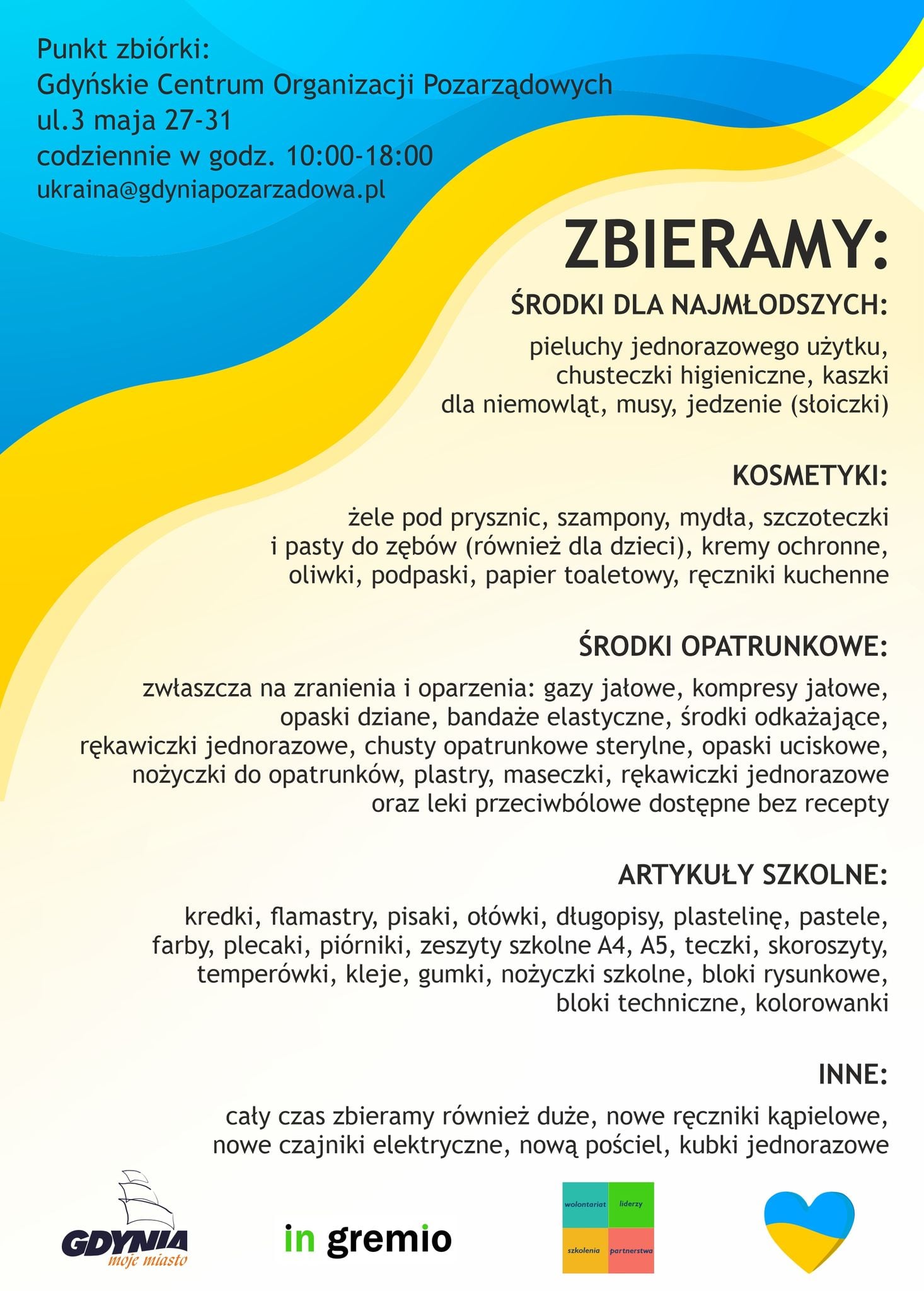 Plakat Gdyńskiego Centrum Organizacji Pozarządowych dotyczący zbi&oacute;rki dar&oacute;w dla Ukrainy