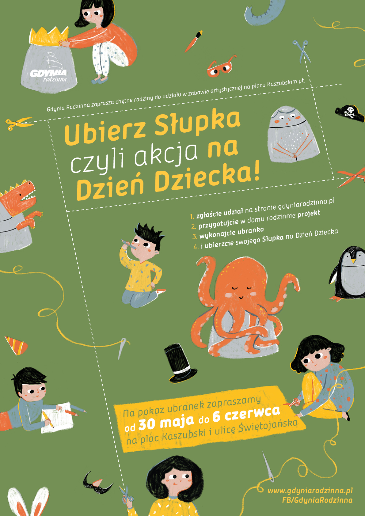 Plakat promujący akcję zawierający te same elementy graficzne co ilustracja z tekstu wraz z kr&oacute;tką informacją o tym, na czym akcja polega, terminami oraz danymi organizatora, czyli Gdyni Rodzinnej