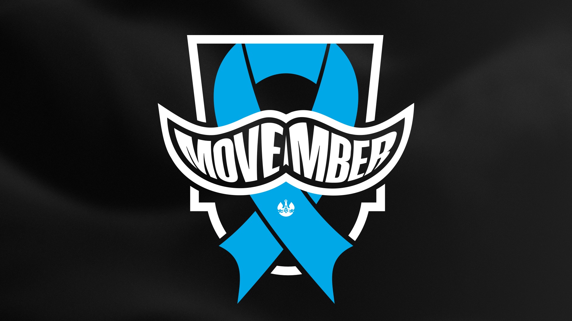 Plakat przedstawiający błękitną wstążkę ozdobioną wąsami na czarnym tle