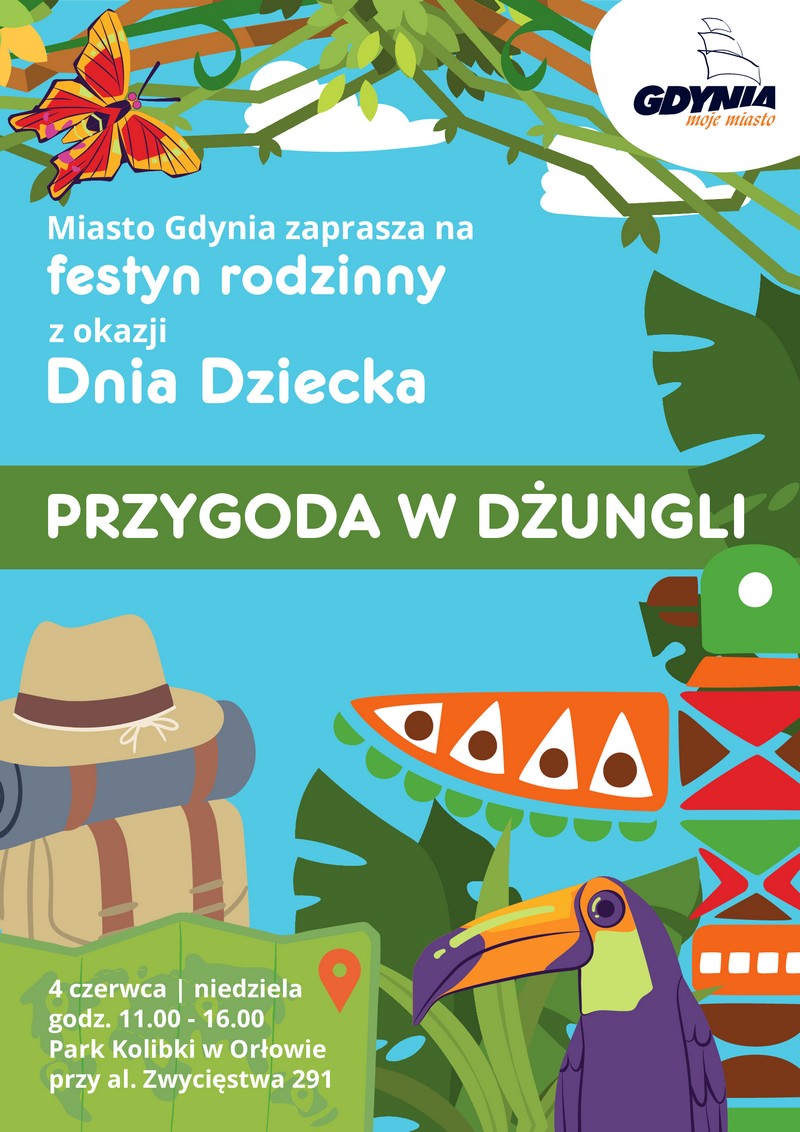 Plakat: &bdquo;PRZYGODA W DŻUNGLI&rdquo;, CZYLI DZIEŃ DZIECKA W PARKU KOLIBKI