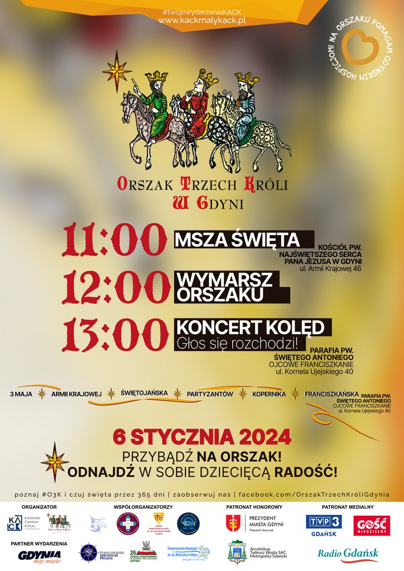 Plakat informacyjny z programem i trasą Orszaku Trzech Kr&oacute;li 2024, kt&oacute;ry odbędzie się 6 stycznia 2024 roku. Na dole: biały pasek z logo organizator&oacute;w, wsp&oacute;łorganizator&oacute;w oraz patron&oacute;w 