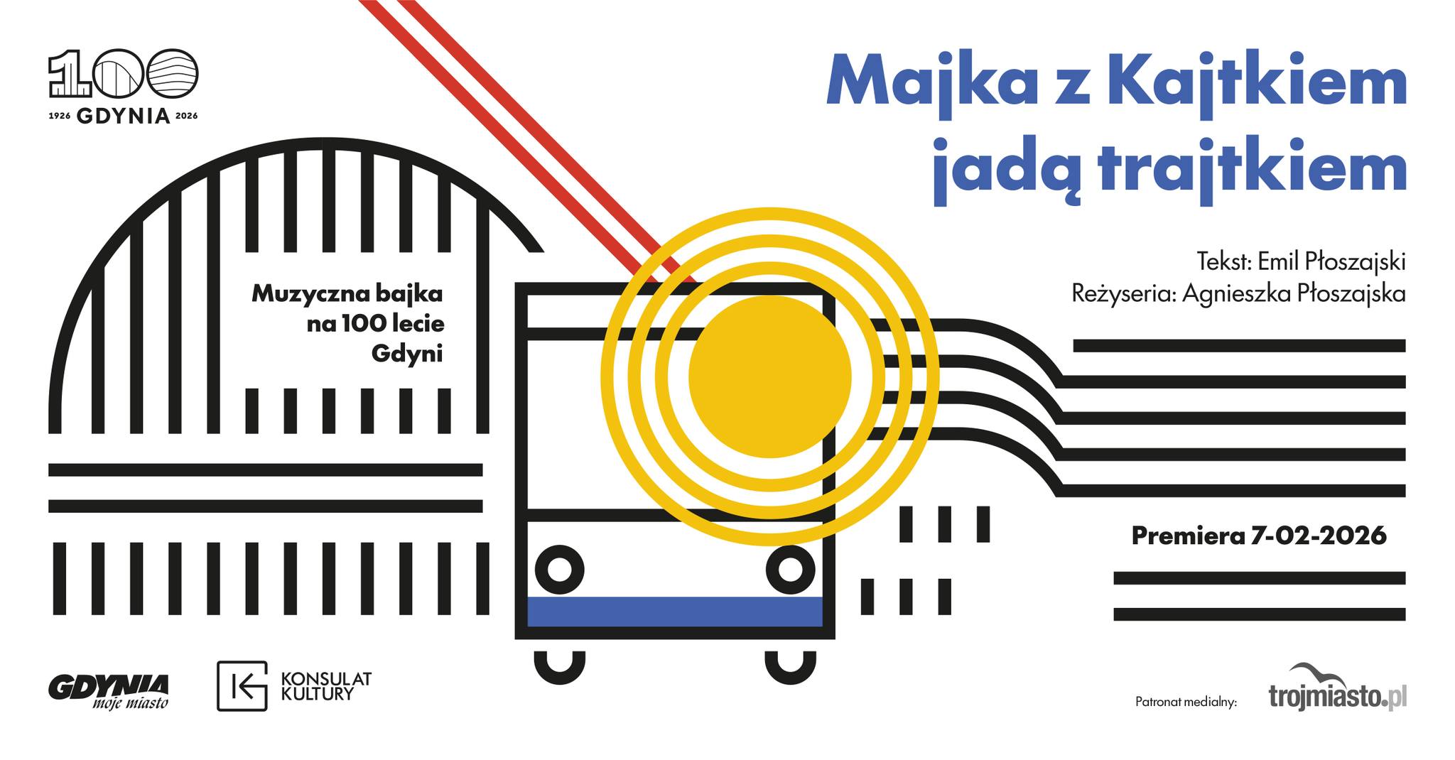 Plansza graficzna, reklama spektaklu Majka z Kajtkiem jadą trajtkiem, grafika trolejbusu, informacje tekstowe