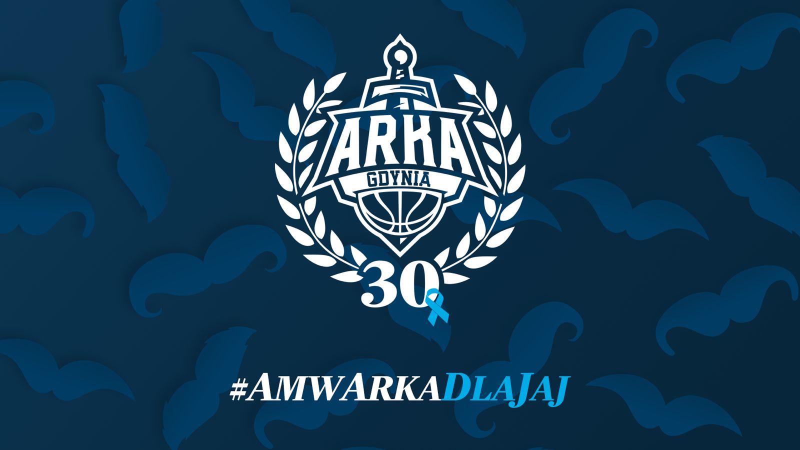 Plakat przedstawiający herb AMW Arki Gdynia na niebieskim tle z widocznymi wzorem wąs&oacute;w