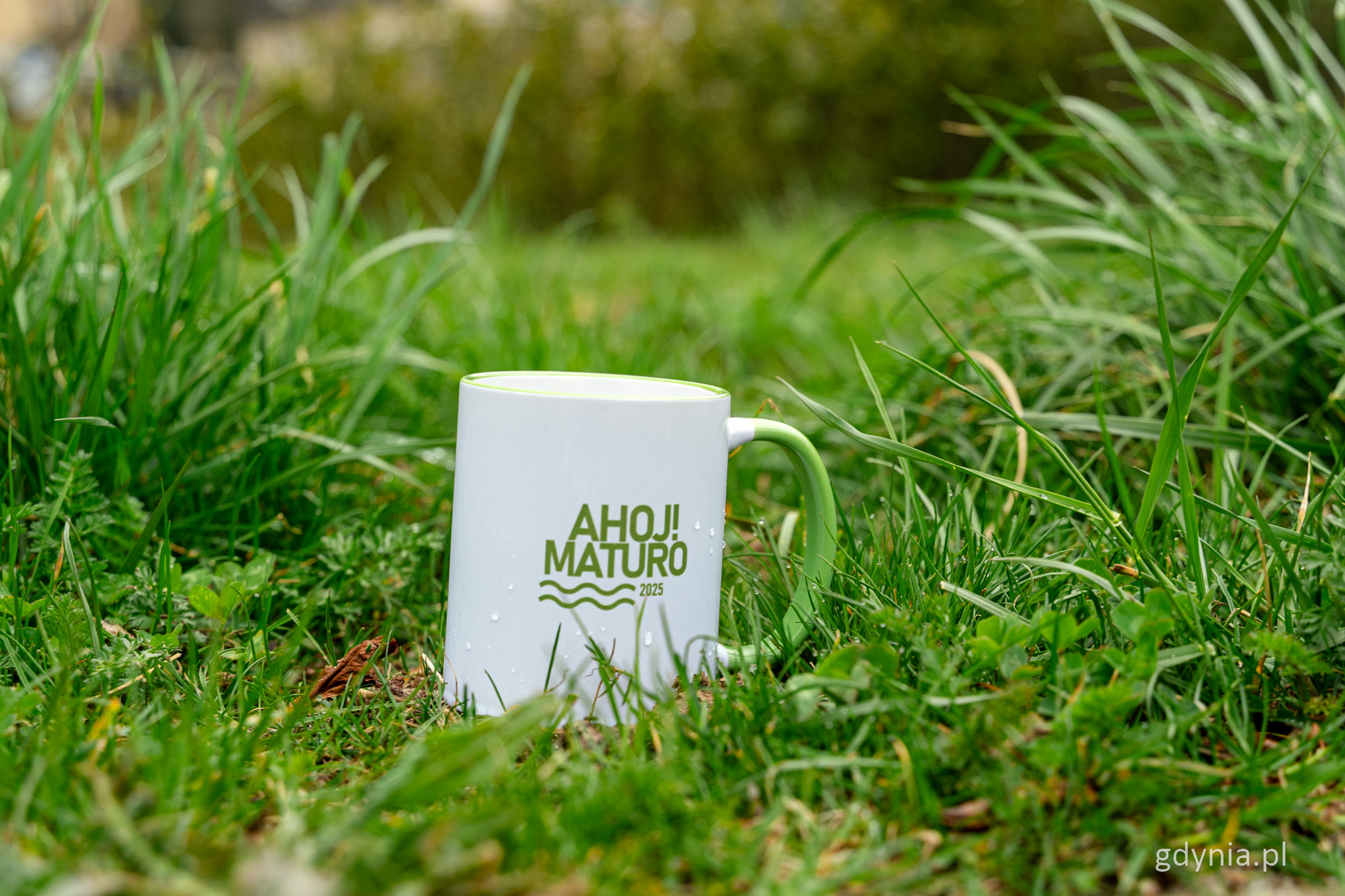 Biały kubek z zielonym napisem "Ahoj! Matura" na tle trawnika