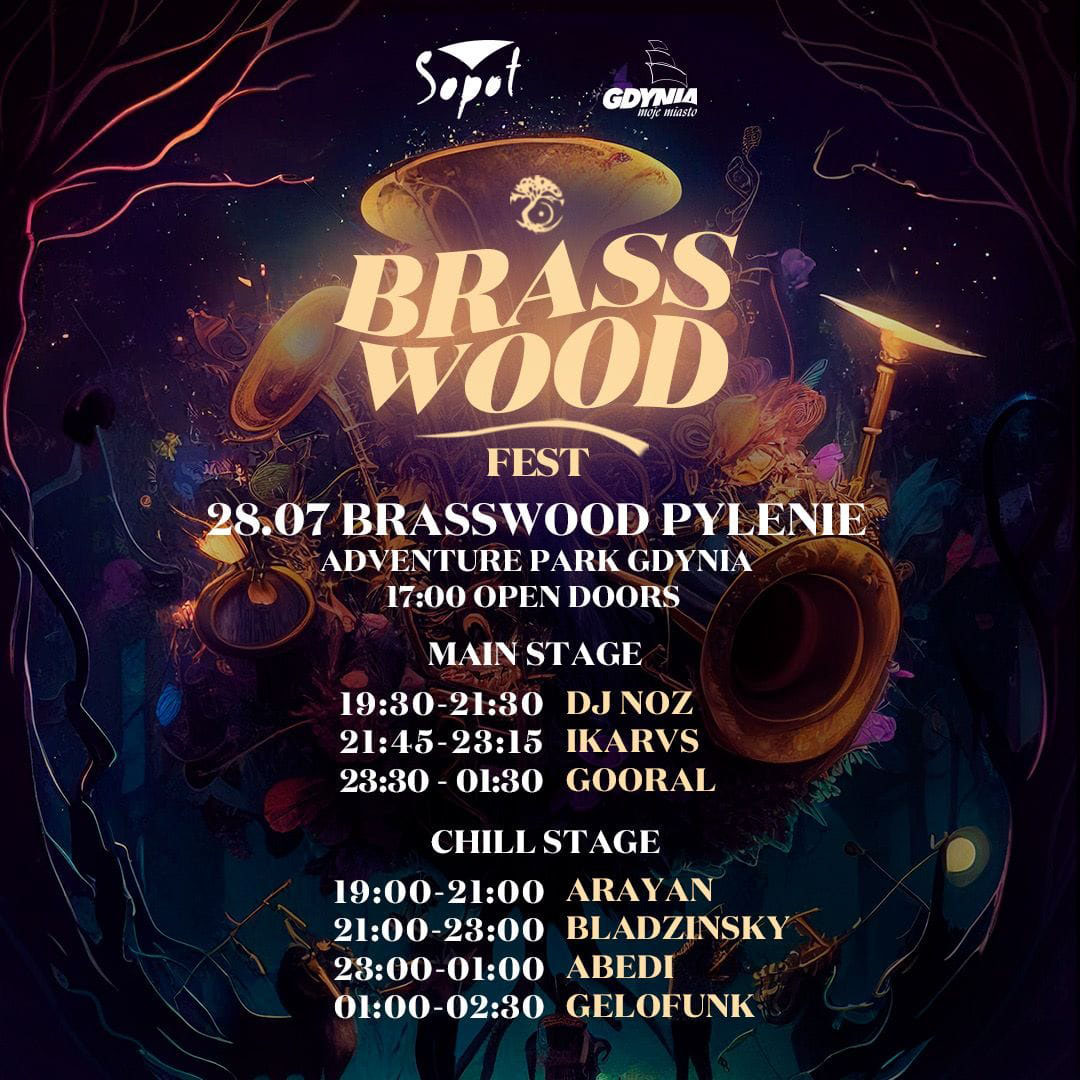 brązowa grafika z napisem brasswood i zapowiedziami koncert&oacute;w Goorala, Dj Noza, IKARVS, Gelofunka, Abediego, Arayana i Bladzinskyego