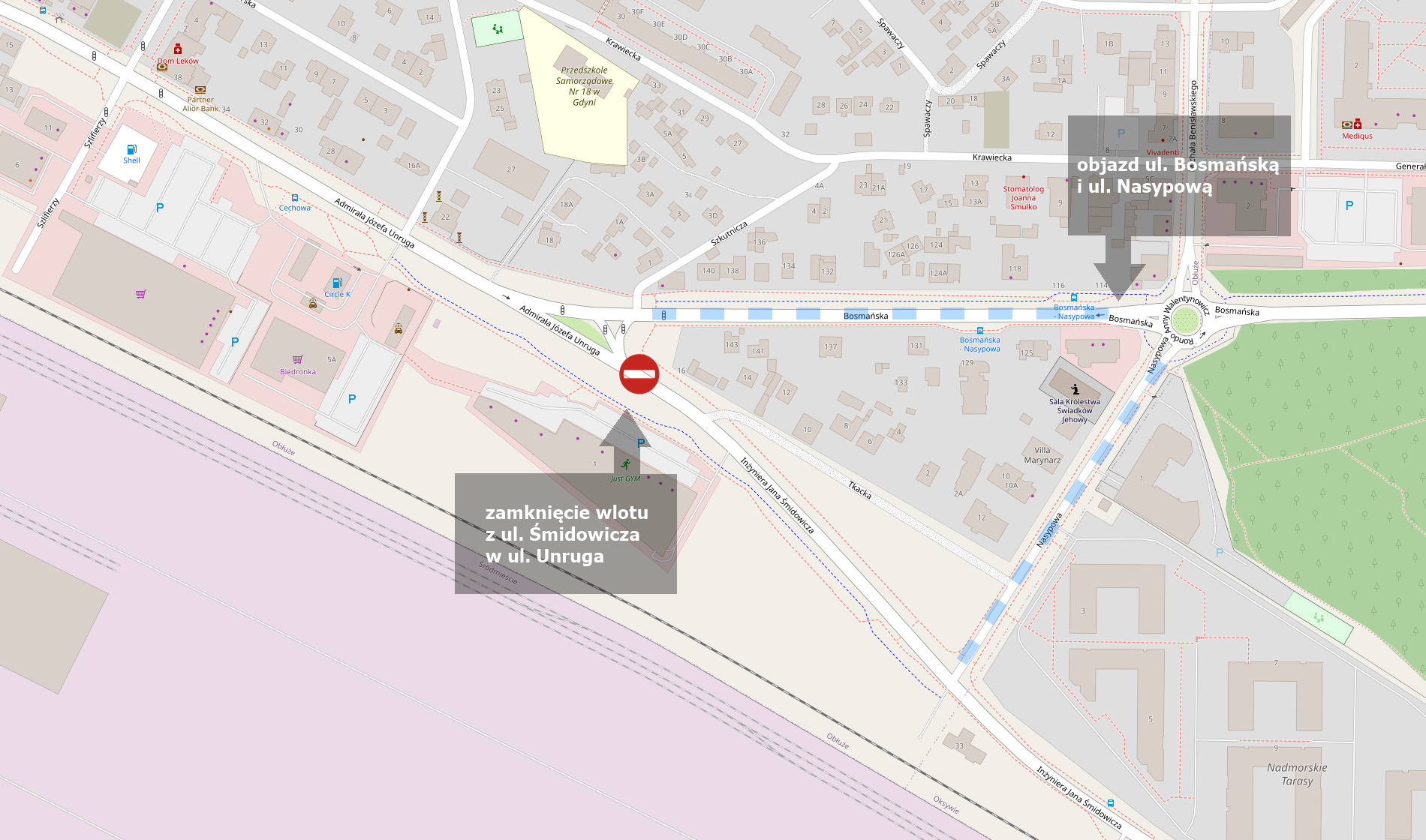 zmiany w org. ruchu// źr&oacute;dło: open street map