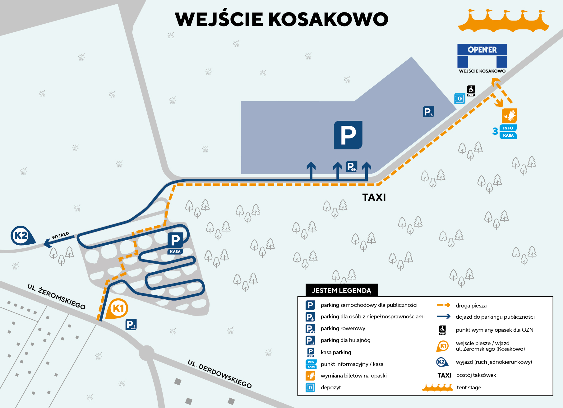 Opener 2024. Mapa wejścia Kosakowo z oznakowanymi parkingami, kasami, postojami taks&oacute;wek i drogami pieszymi