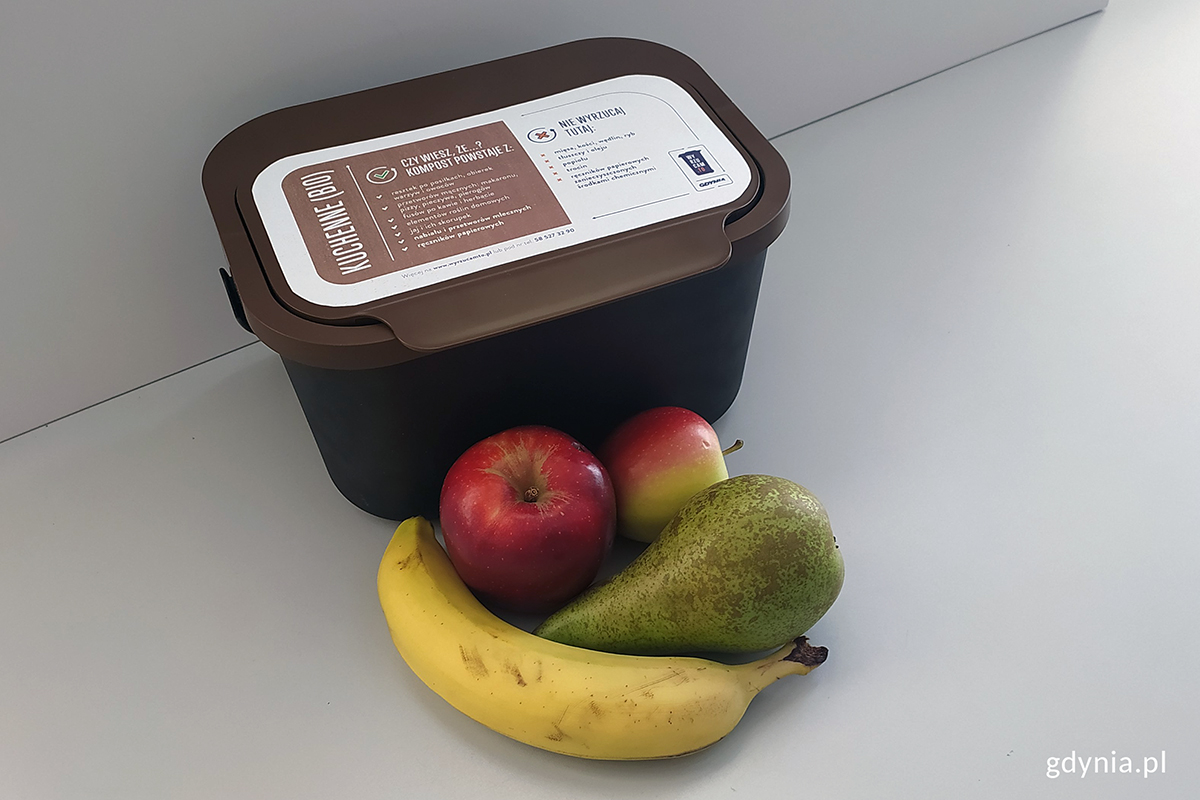 Brązowy pojemnik na odpady kuchenne, obok leżą owoce.