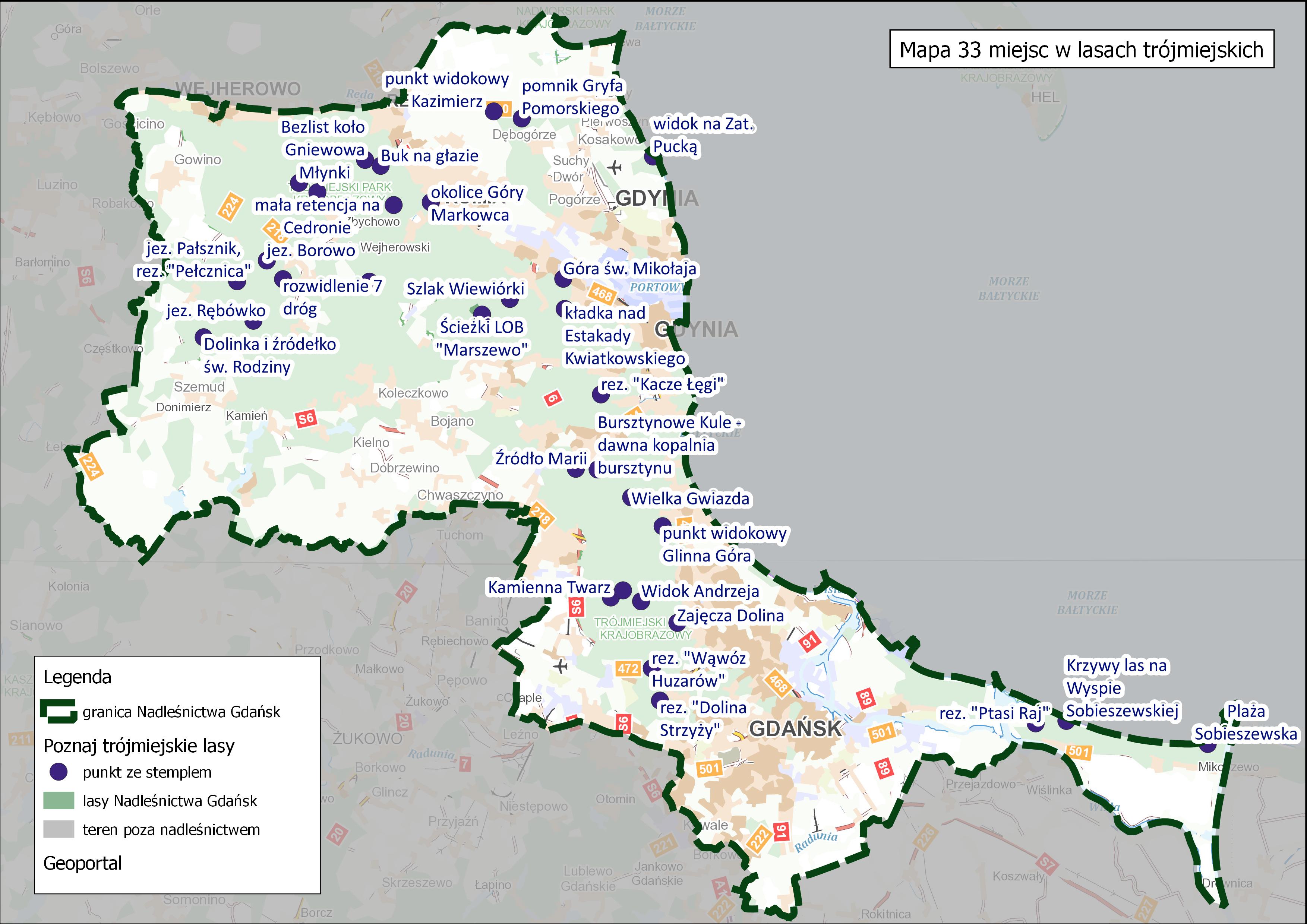 Mapa Nadleśnictwa Gdańsk na szarym tle. Zaznaczone 33 punkty z tytułami, miejsca w lasach. Widoczna legenda mapy