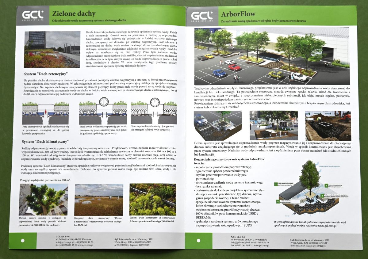 Broszura jednego z uczestnik&oacute;w konferencji, firmy GCL - przedstawiająca zielone dachy i system ArborFlow.