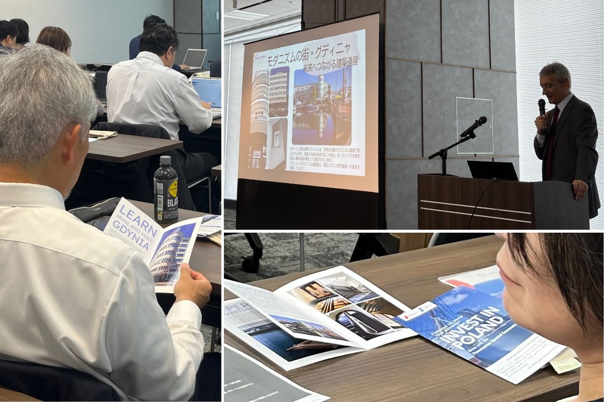 Trzy zdjęcia: na dw&oacute;ch osoby oglądają materiały drukowane na temat modernizmu w Gdyni, siedzą przy stołach; na trzecim wyświetlana na ekranie prezentacja dot. modernizmu w Gdyni, wypowiada się przez mikrofon mężczyzna