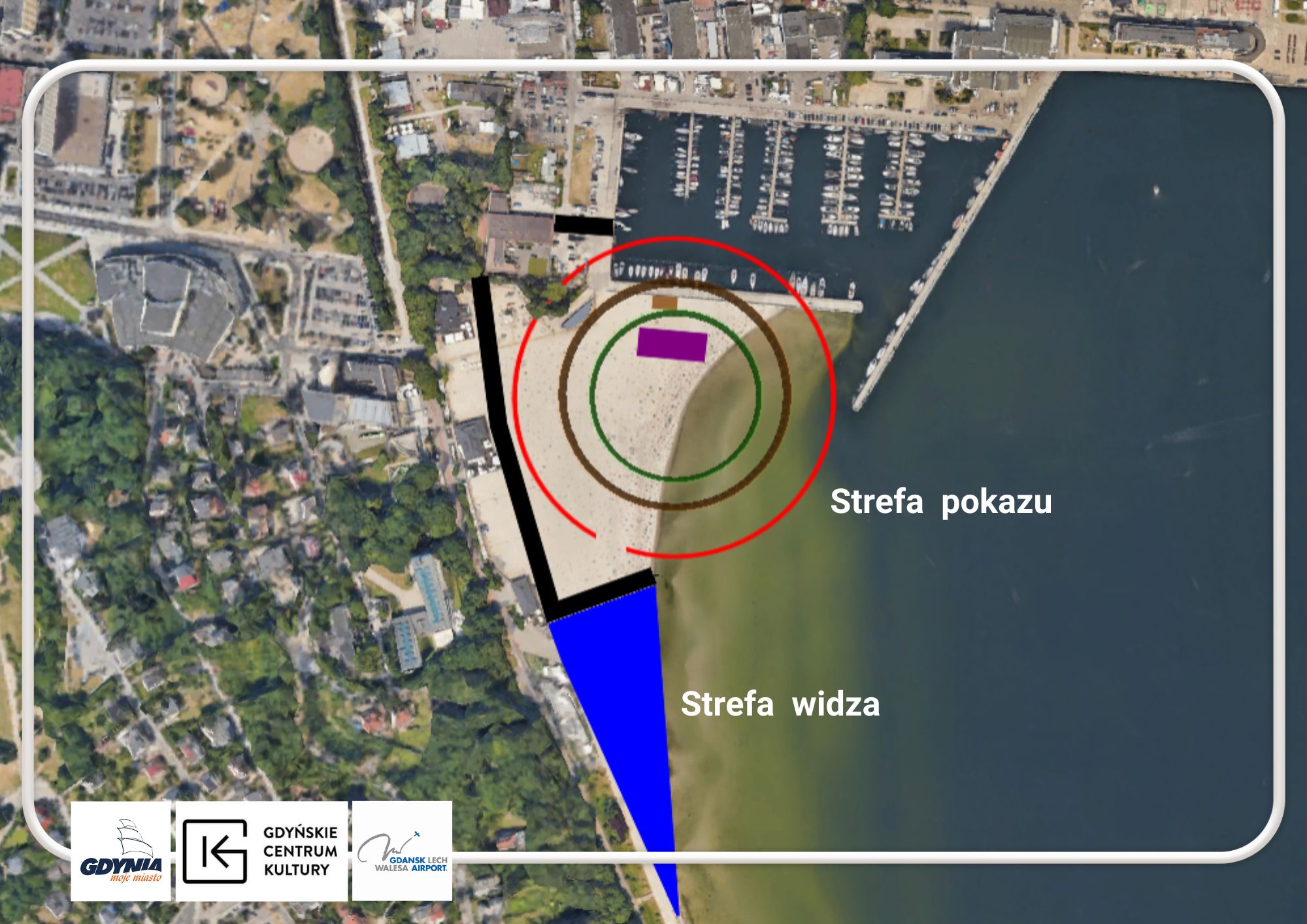 Mapa z oznaczeniem imprezy masowej: strefy pokazu i strefy dla widz&oacute;w