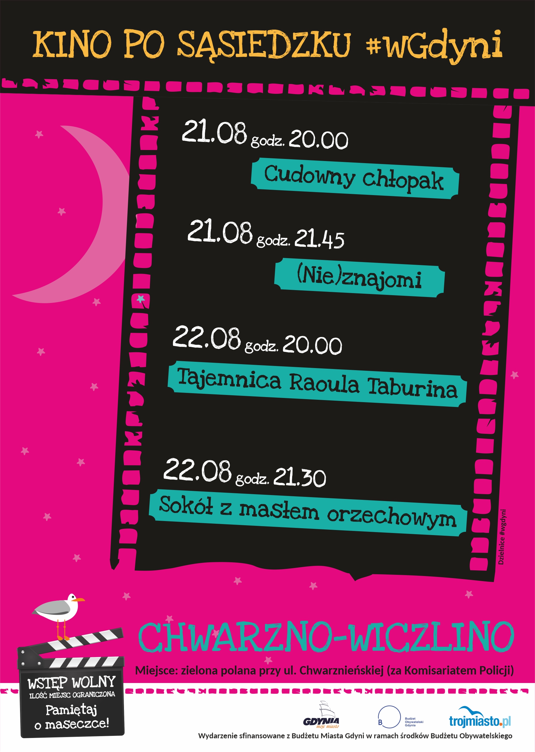 Plakat z repertuarem kina po sąsiedzku w Chwarznie 22 i 23 sierpnia