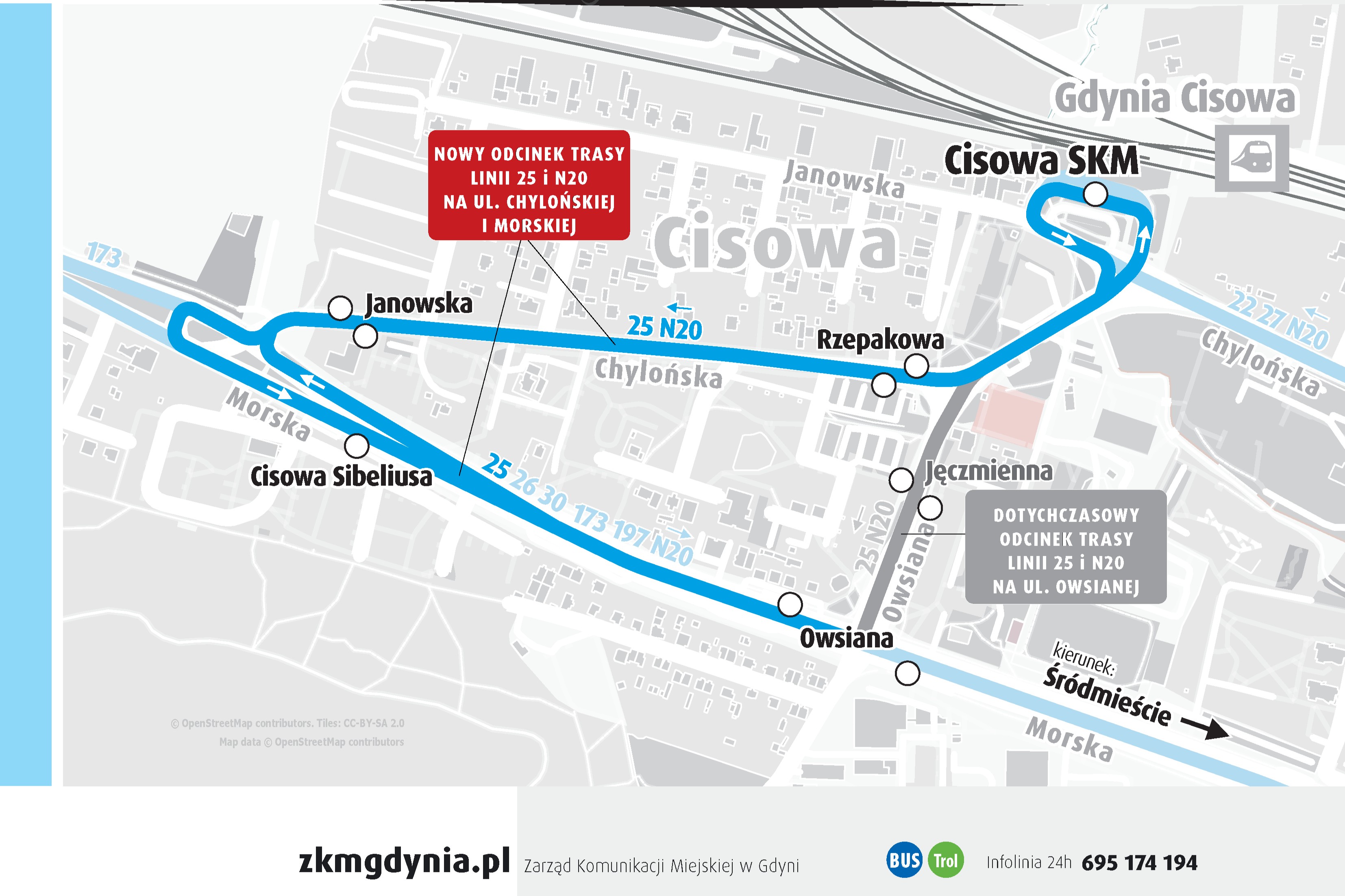 Mapa zmienionego fragmentu trasy linii 25