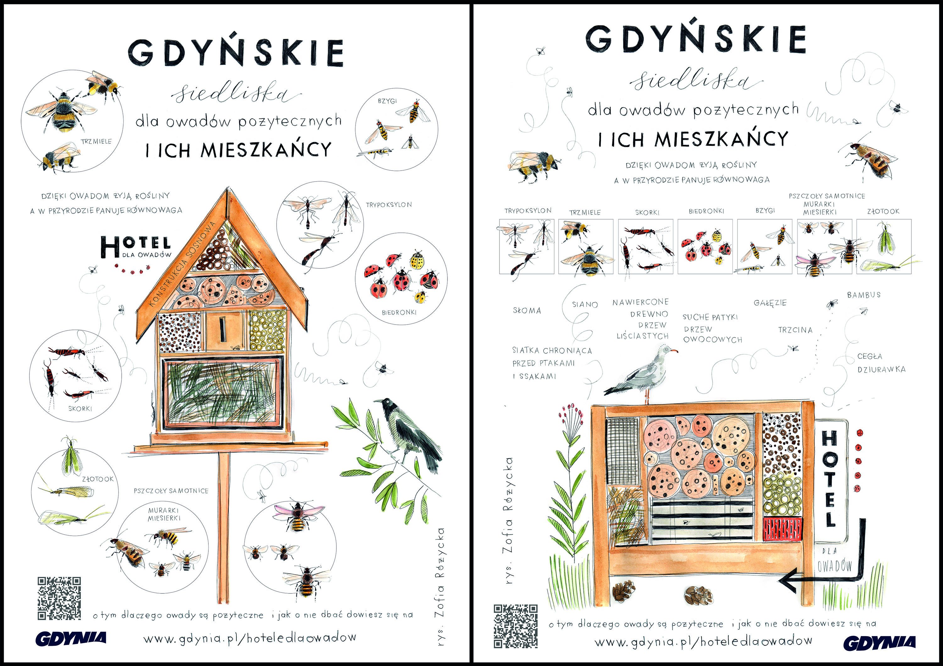 Tak prezentują się dwie z trzech tablic informacyjnych, kt&oacute;re znaleźć będzie można przy hotelach dla zapylaczy na Dąbrowie. Ilustracje do nich przygotowała Zofia R&oacute;życka // mat. UM Gdyni