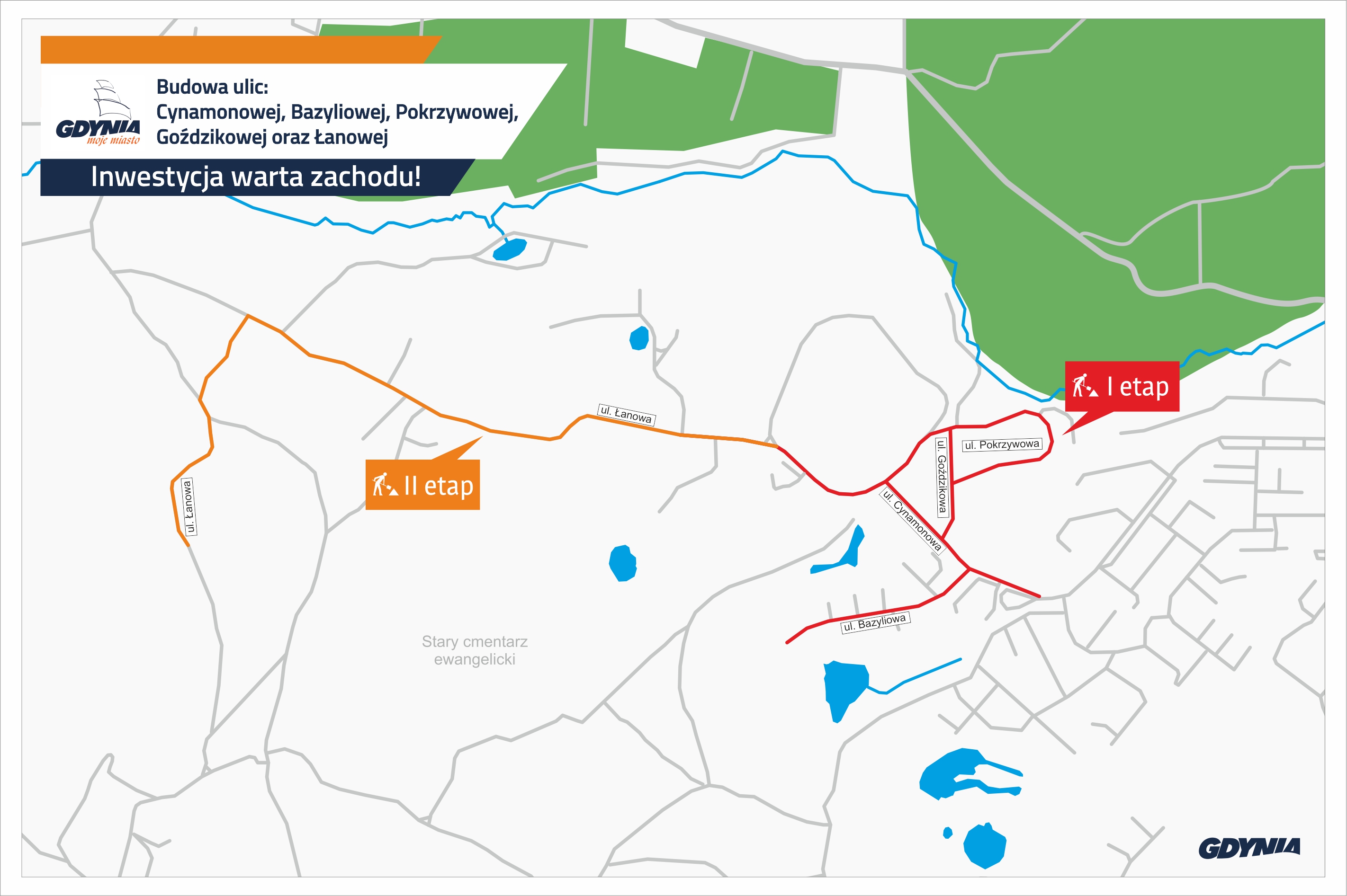 Faza II polegać będzie na zaprojektowaniu budowy ulic Cynamonowej, Bazyliowej, Pokrzywowej i Goździkowej oraz ulicy Łanowej stanowiącej dojazd do planowanego cmentarza w rejonie G&oacute;ry Donas, mat. Dzielnice#wGdyni