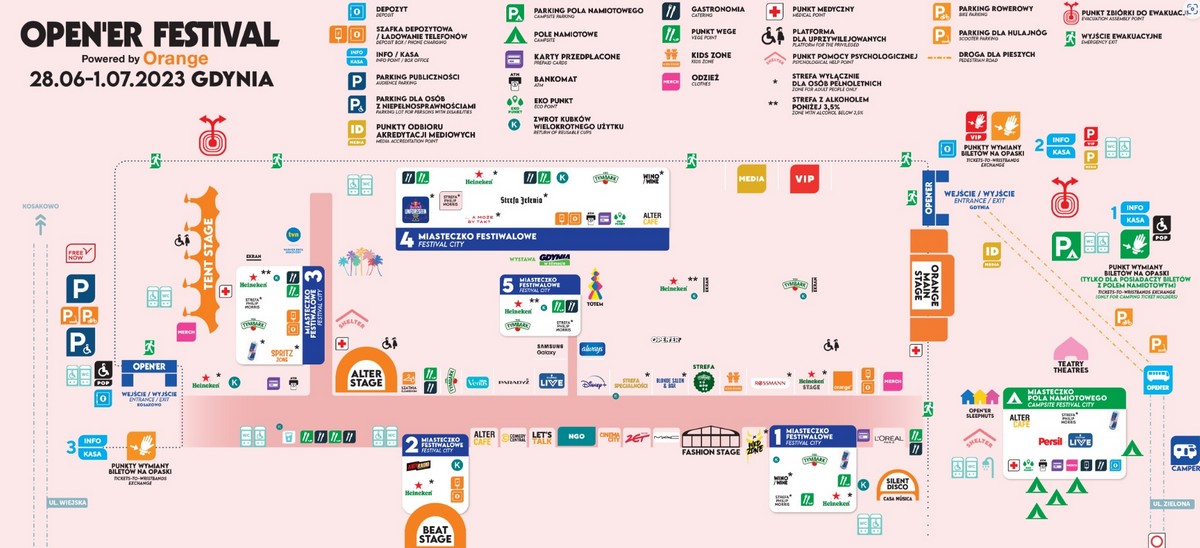 Mapa festiwalowego terenu z zaznaczonymi scenami, punktami gastronomicznymi, strefami tematycznymi, parkingami, punktami informacyjnymi itd. // materiały prasowe