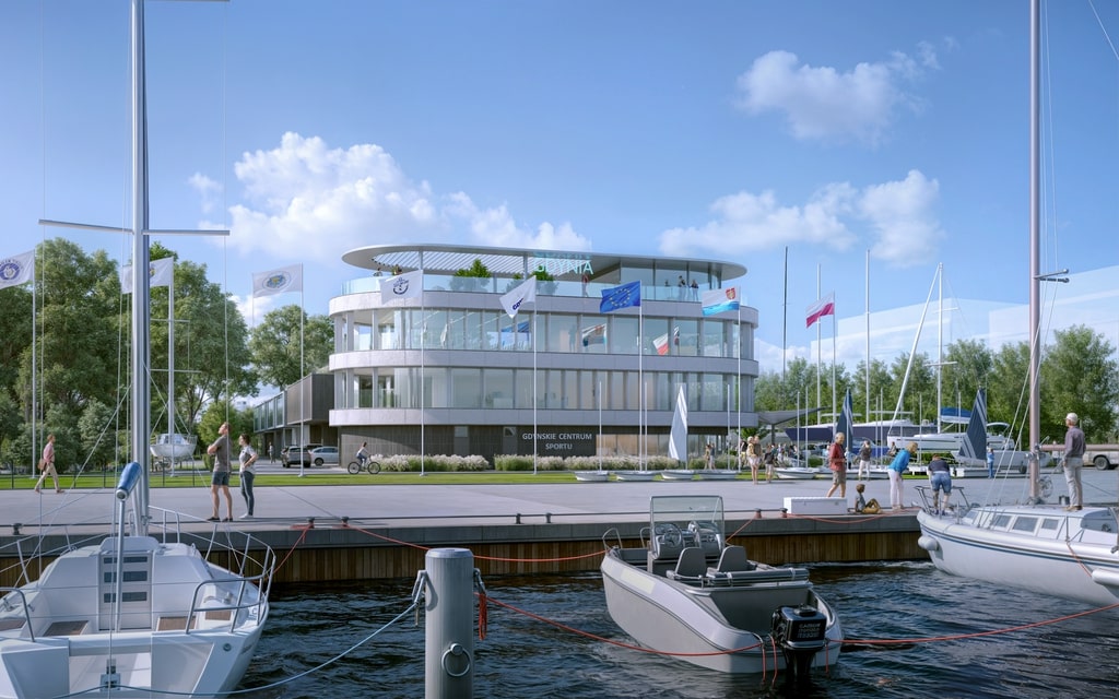 Tr&oacute;jwymiarowa wizualizacja, basen jachtowy, jachty, nabrzeże w basenie generała Zaruskiego w Gdyni, przy nabrzeżu nowy budynek z napisem "Gdyńskie Centrum Sportu", dookoła zieleń
