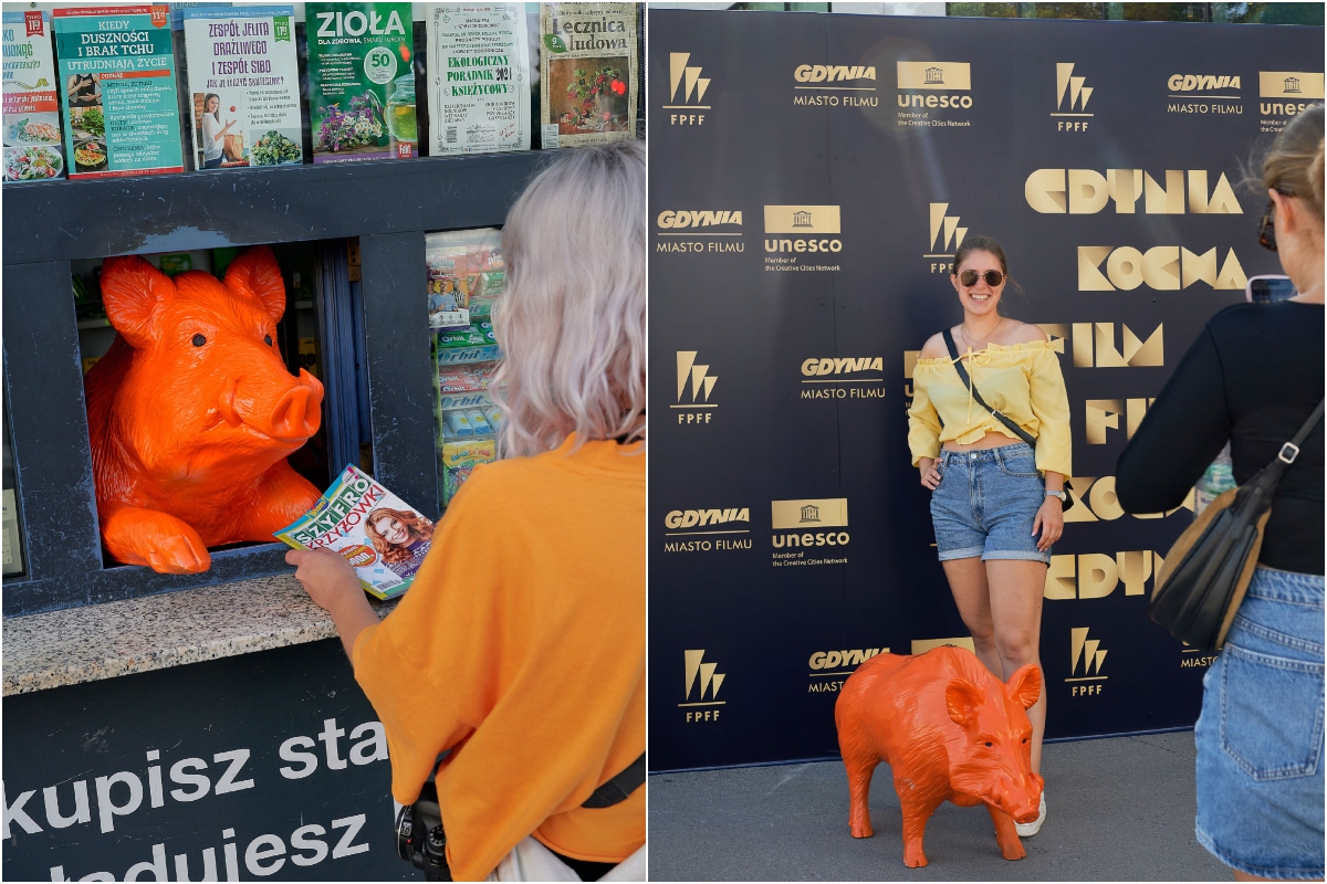 Pomarańczowy dzik w kiosku i z kobietą na ściance Festiwalu Polskich Film&oacute;w Fabularnych 