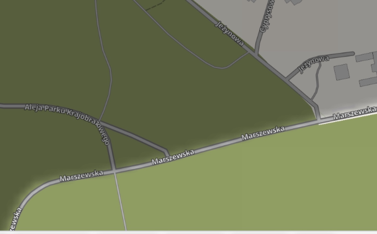 Mapa pokazująca skrzyżowanie ul. Marszewskiej oraz Al. Parku Krajobrazowego
