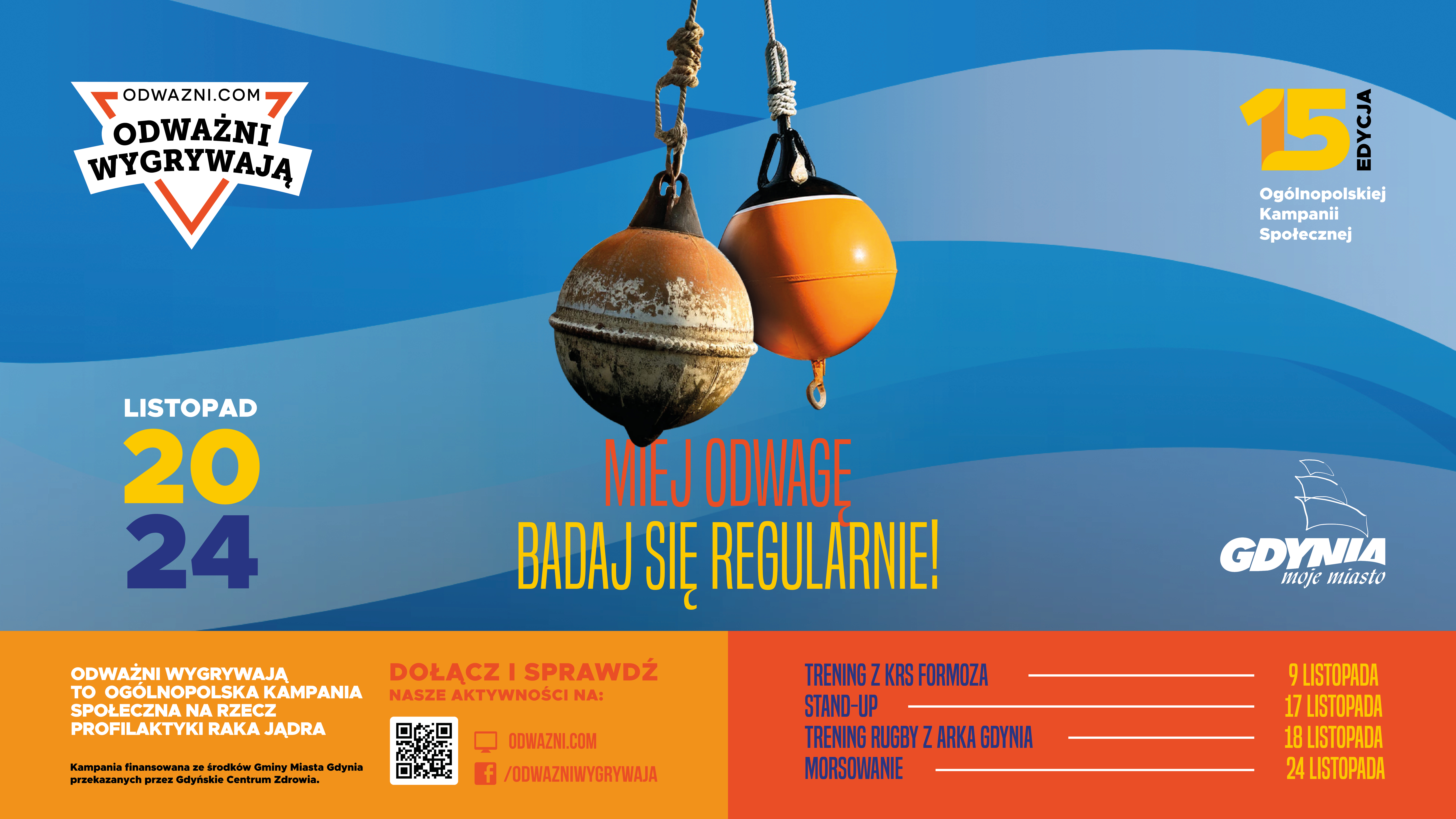 Plansza kampanii 15. edycja Og&oacute;lnopolskiej Kampanii Społecznej &bdquo;Odważni wygrywają&rdquo; z programem i logotypami partner&oacute;w