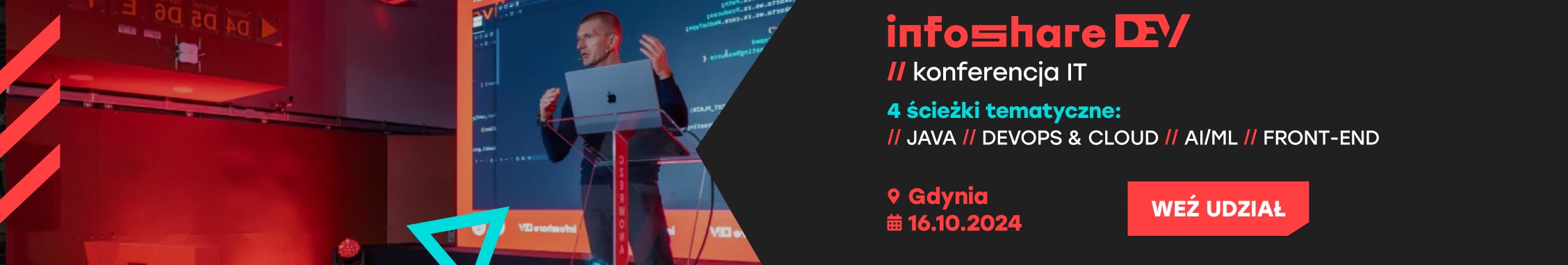 Czarno-czerwona grafika ze stojącym mężczyzną i informacjami o konferencji