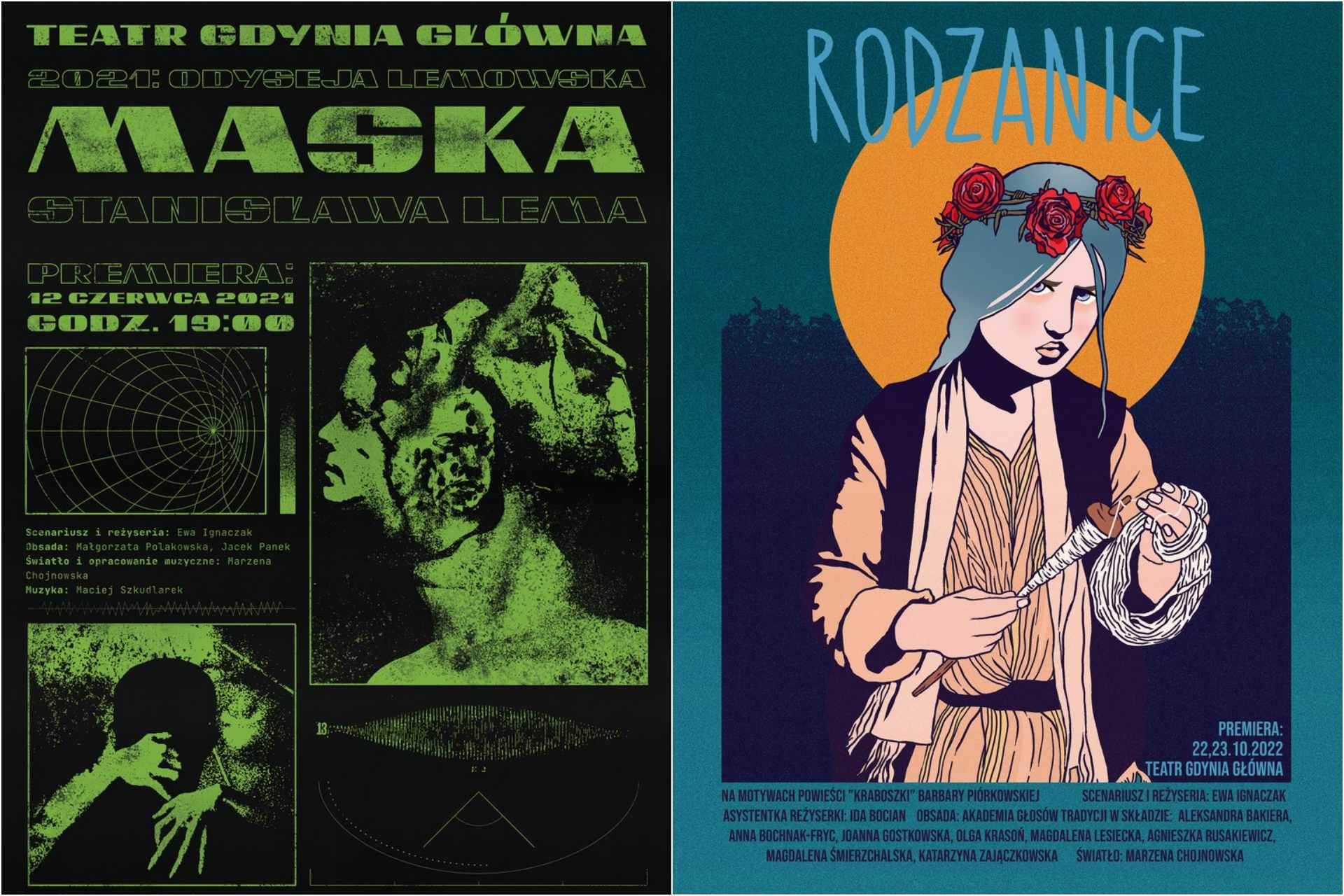 Dwa plakaty: &bdquo;Maska&rdquo; Stanisława Lema i &bdquo;Rodzanice&rdquo; na motywach &bdquo;Kraboszek&rdquo; Barbary Pi&oacute;rkowskiej