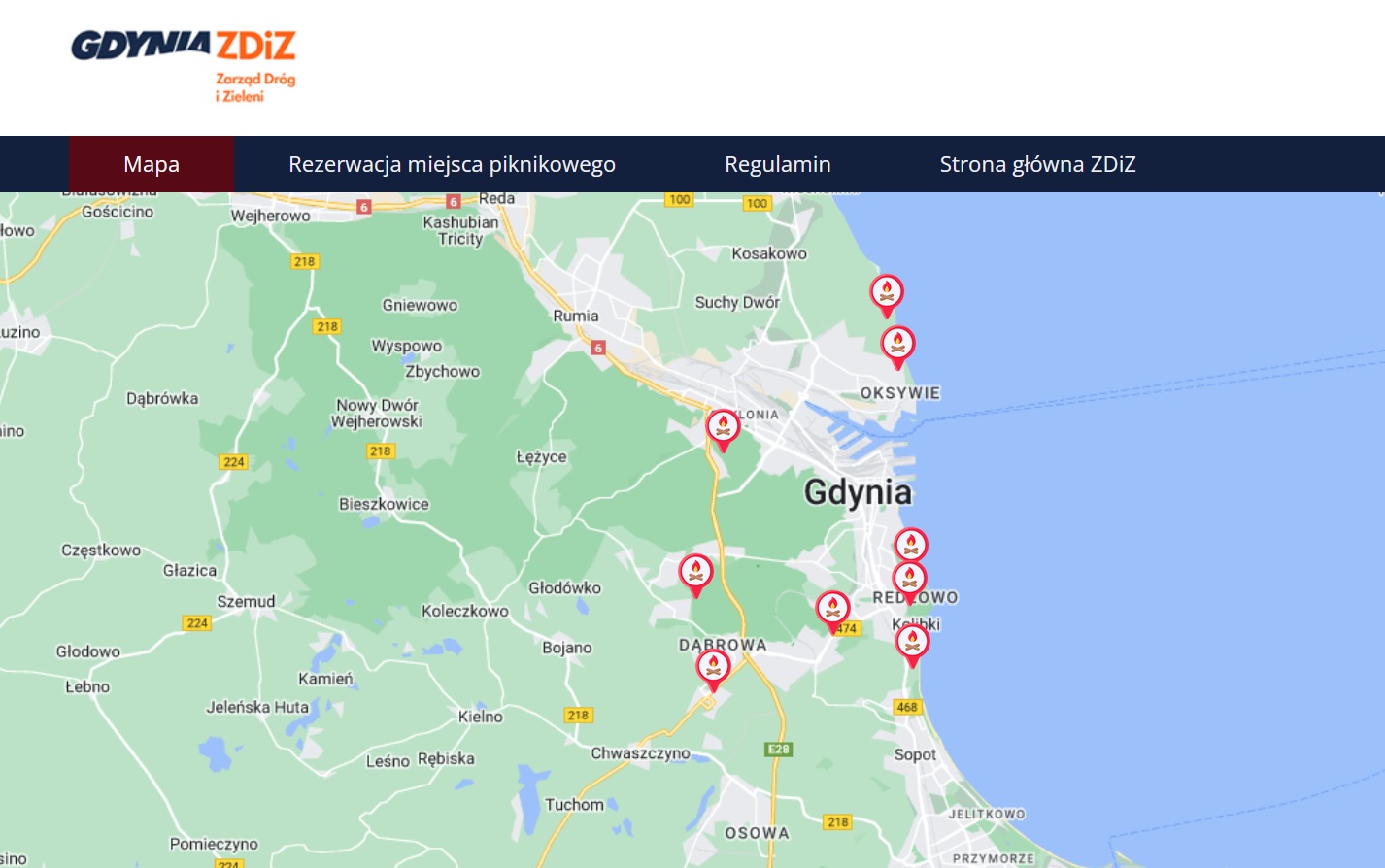 Mapa miejsc piknikowych z internetową rezerwacją