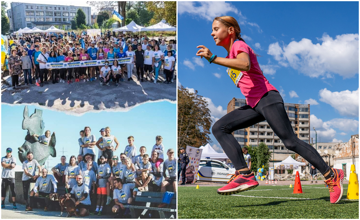 Bieg "Back to School", z lewej uczestnicy w Żytomierzu i w Gdyni (źr&oacute;dło: strona na Facebooku uczestniczki biegu Los Milos), z prawej: bieg w Żytomierzu (źr&oacute;dło: www.fondgromady.org.ua)