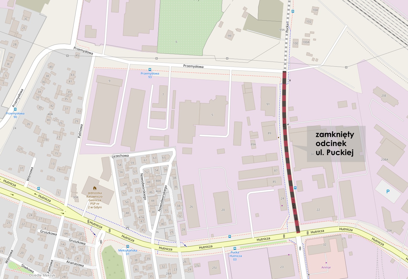 zmiany w organizacji ruchu na ul. Puckiej i Hutniczej // źr&oacute;dło: OpenStreetMap, ZDIZ Gdynia