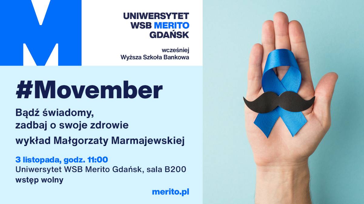 Plakat przedstawiający dłoń z niebieską wstążką i sztucznymi wąsami oraz informacje o wykładzie tożsame z treścią zawartą w artykule