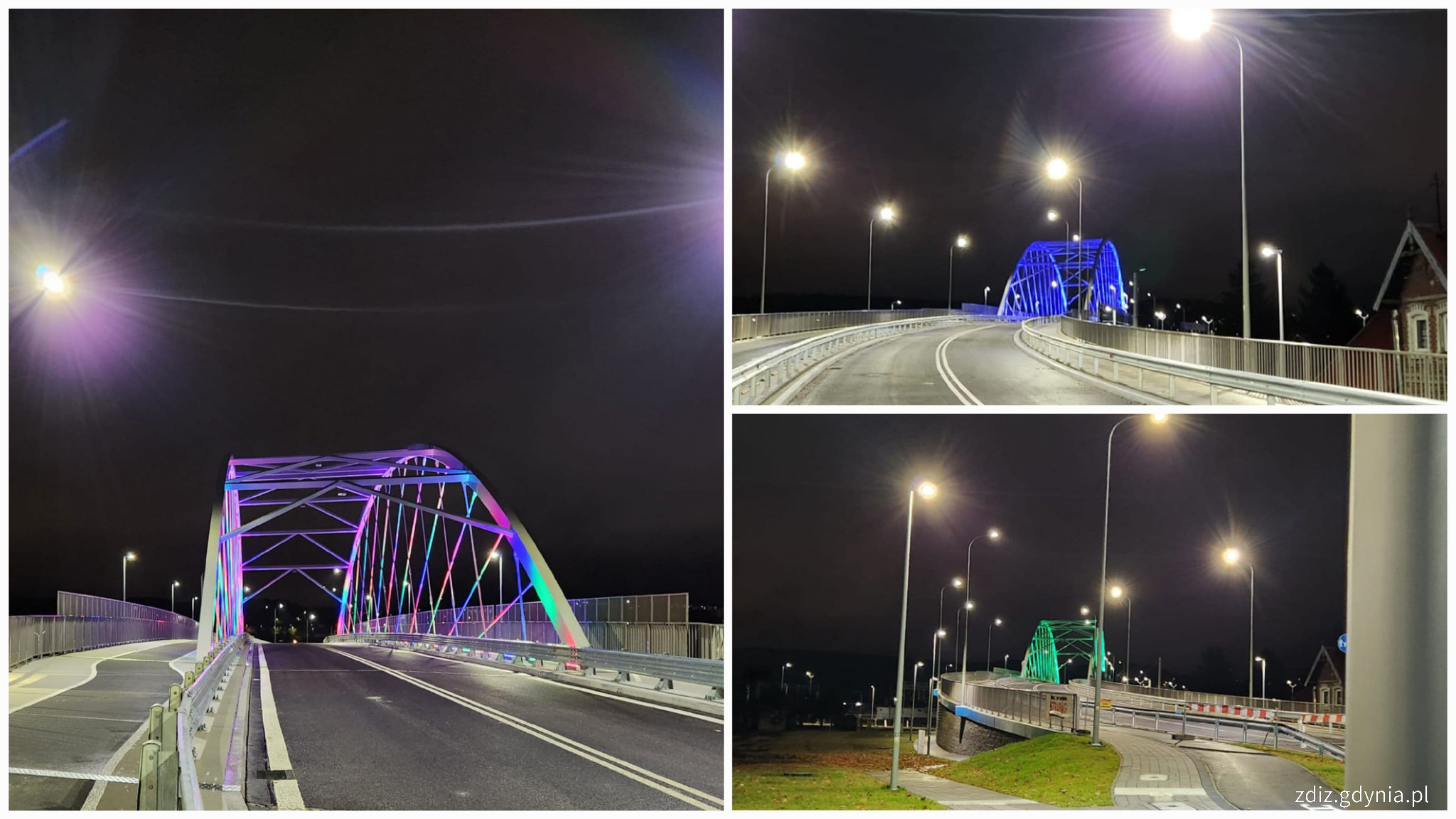 kolaż zdjęć przedstawiający wiadukt oświetlony na r&oacute;żne kolory