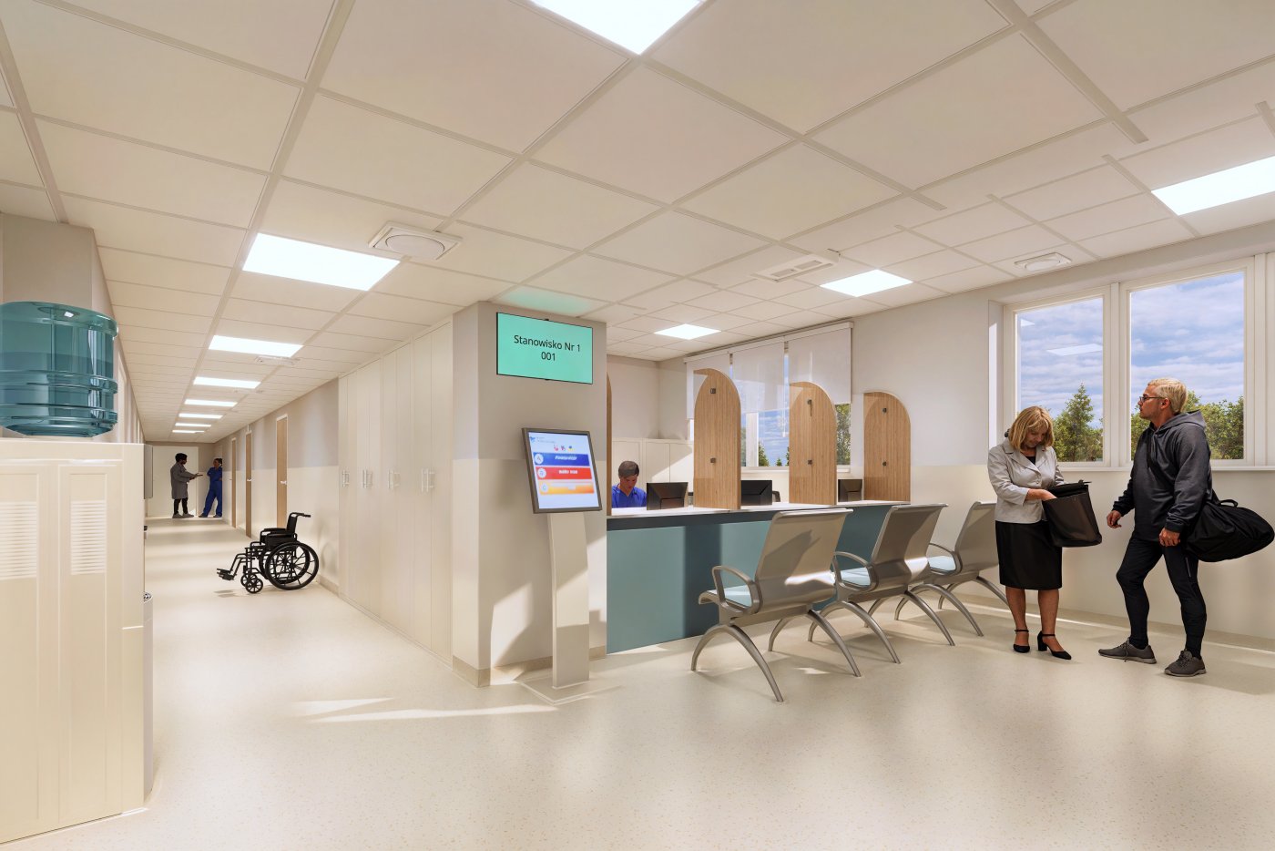 Tr&oacute;jwymiarowa wizualizacja, hol w Gdyńskim Centrum Onkologii, punkt informacyjny i krzesła