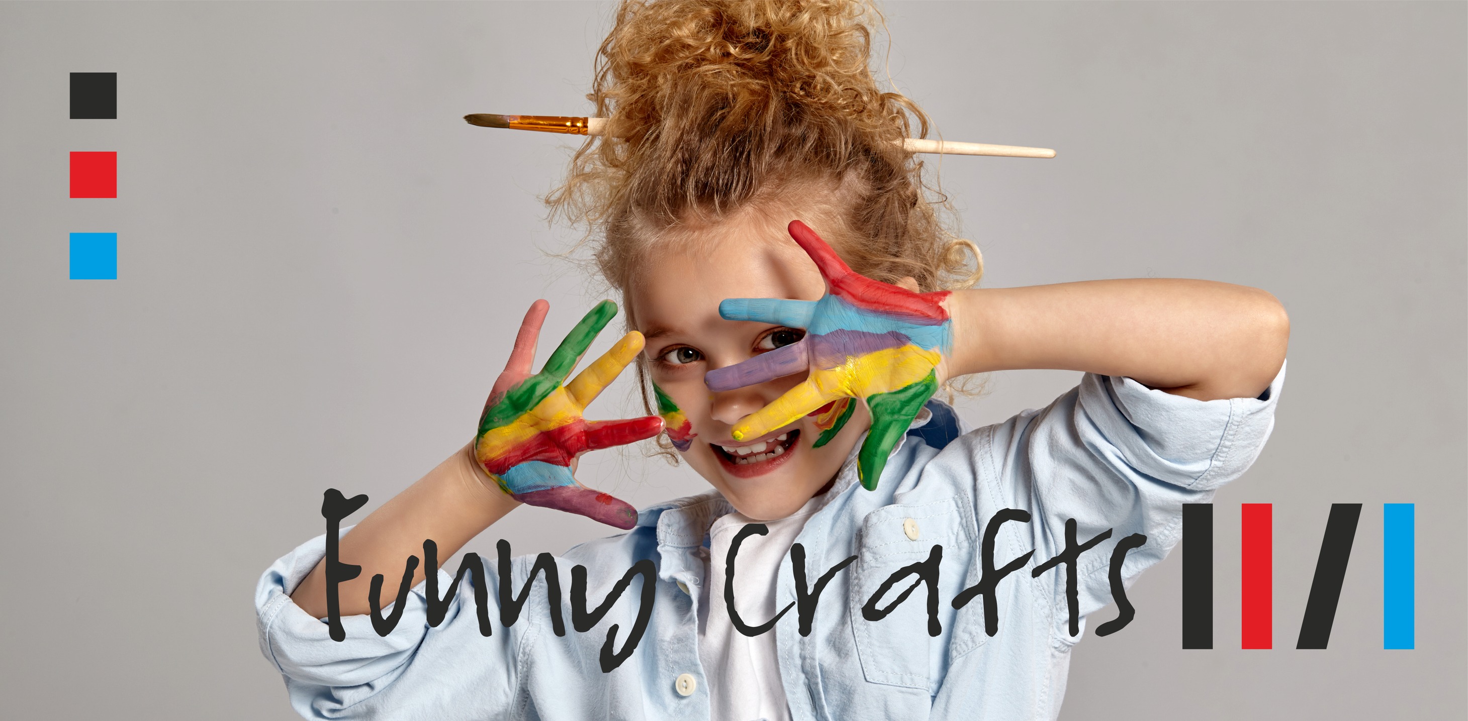 Grafika z dzieckiem pomazanym farbami reklamująca Funny Crafts &ndash; creative worshops for children.