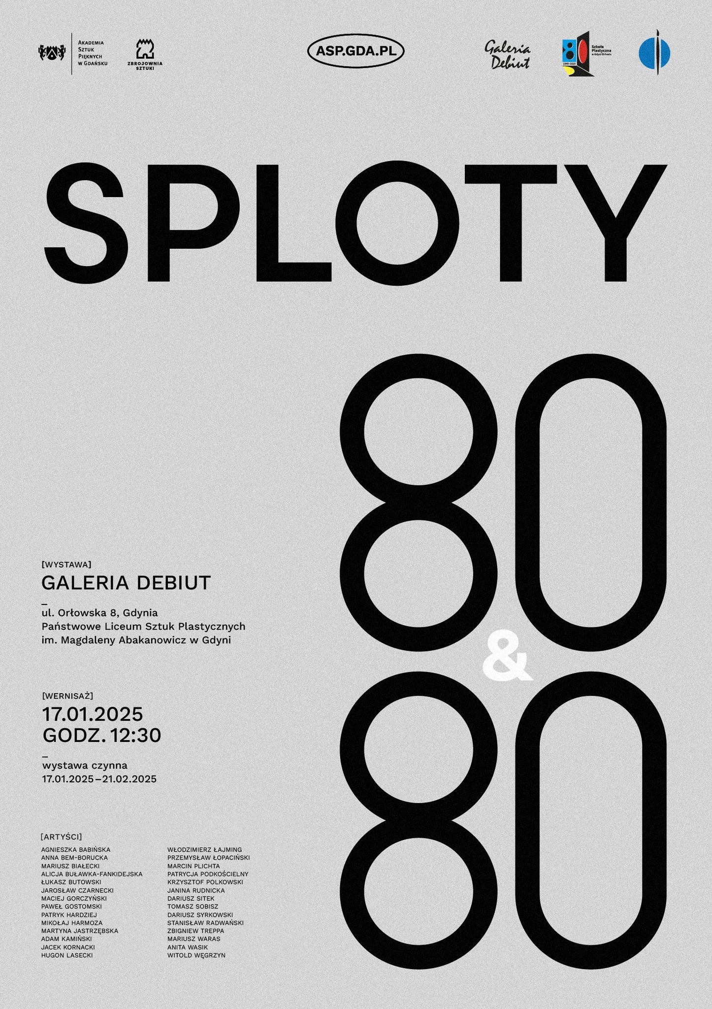 Plakat wystawy &bdquo;Sploty&rdquo; z datą wernisażu 17 stycznia o godz. 12:30 w Galerii Debiut i nazwiskami artyst&oacute;w