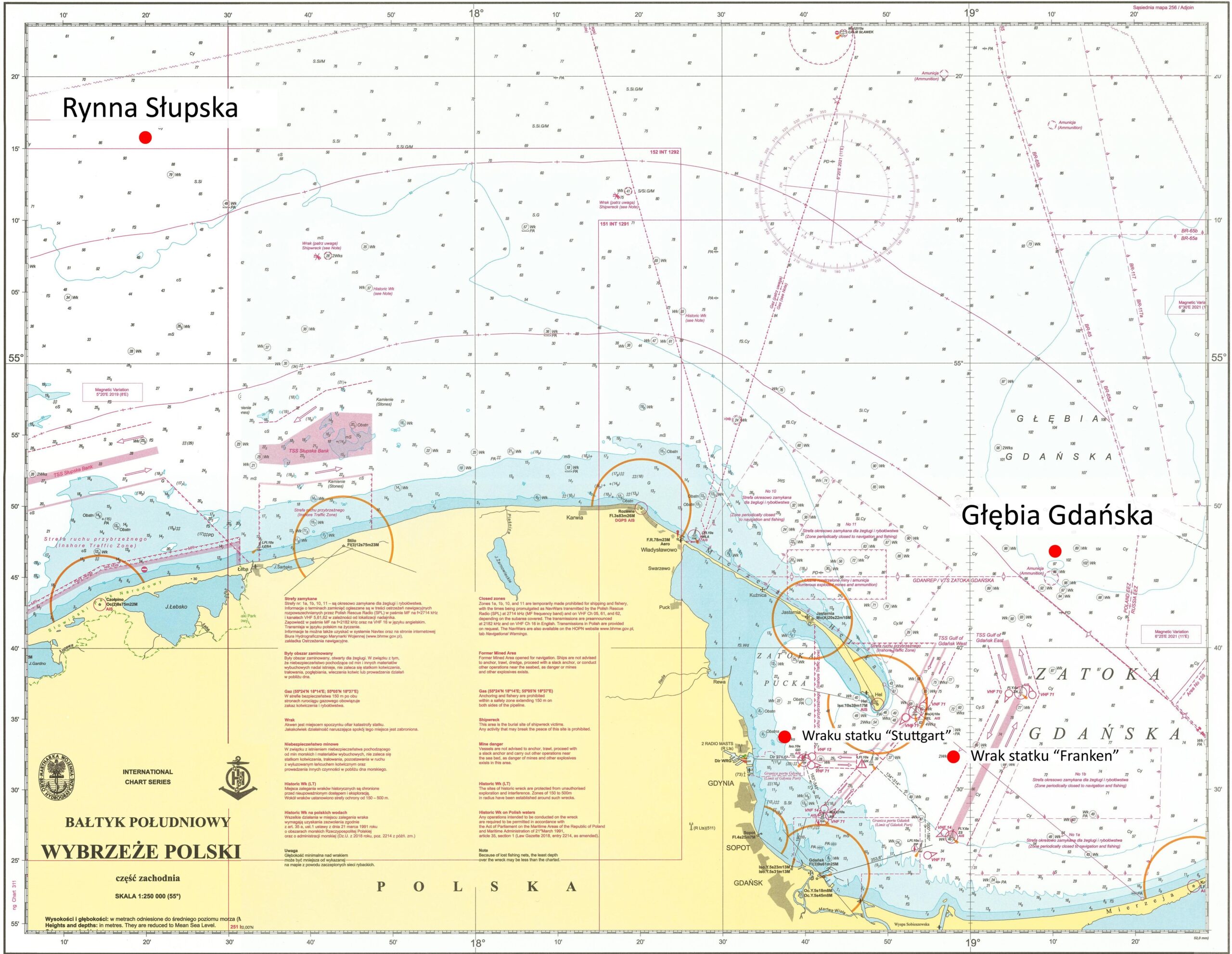 Mapa z opisem "Bałtyk Południowy Wybrzeże Polski", widoczny fragment wybrzeża od Mierzei Wiślanej po jezioro Gardno, na mapie zaznaczone nazwy geograficzne i cztery punkty badań