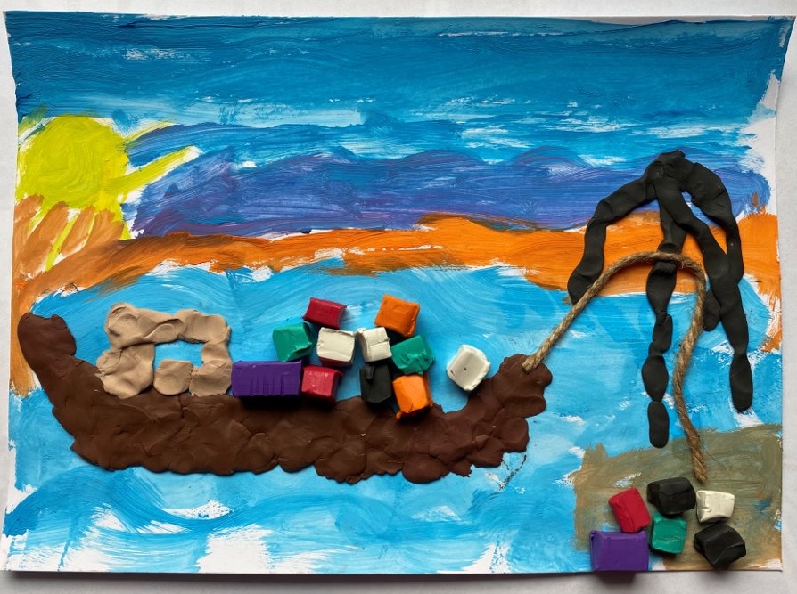 Praca Maksymiliana Gilla. Statek na wodzie na tle słonecznego i bezchmurnego nieba.