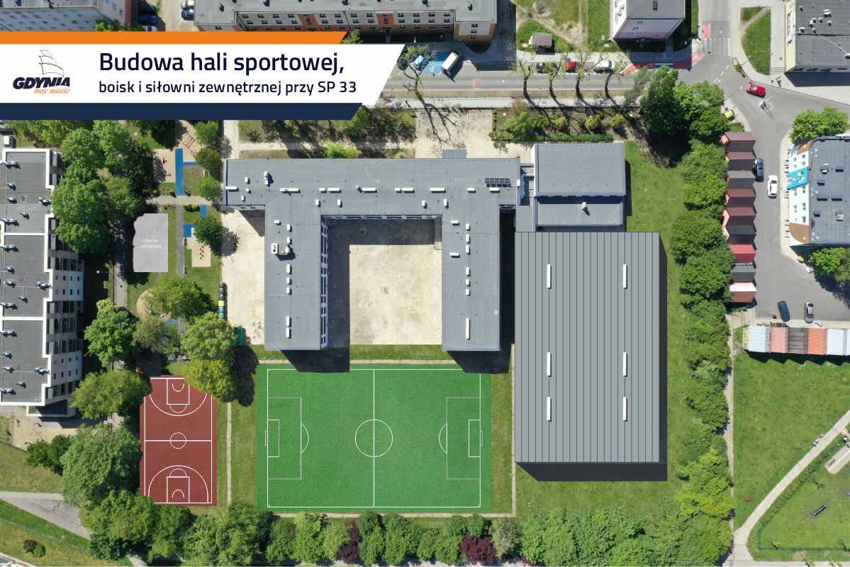 wizualizacja hali sportowej wraz z budynkiem szkoły podstawowej nr 33 oraz boiskami i siłownią zewnętrzną, rzut z g&oacute;ry, mat. prasowe 