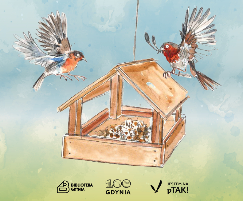 Rysunek karmnika, do kt&oacute;rego lecą dwa ptaszki. Na dole napisy: Biblioteka Gdynia, Gdynia 100 i Jestem na pTAK