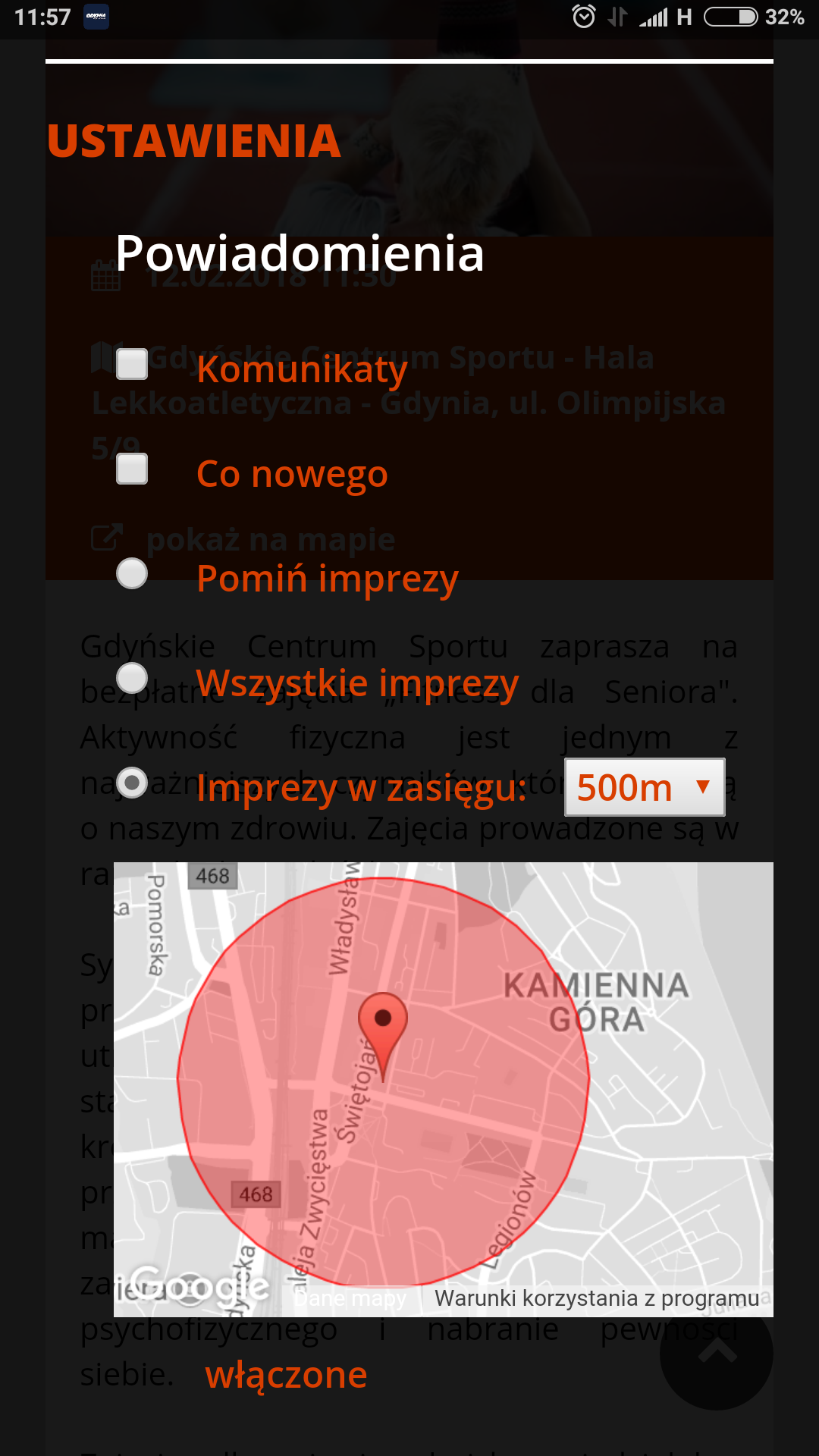 aplikacja - pokaż imprezy w zasięgu 500 metr&oacute;w