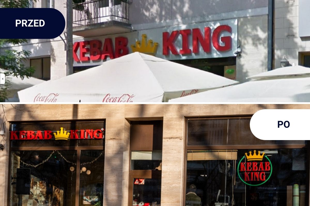 Szyld dyskontu przed (źr&oacute;dło: Goggle Maps, Street View) i po dostosowaniu się do ustawy krajobrazowej (fot. Natalia Kawalerowicz)