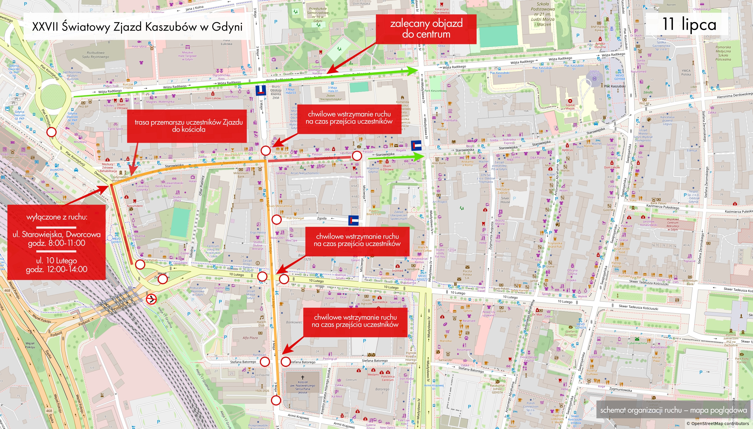 Mapka przemarszu w kierunku Kościoła Najświętszego Serca Pana Jezusa przy ul. Armii Krajowej