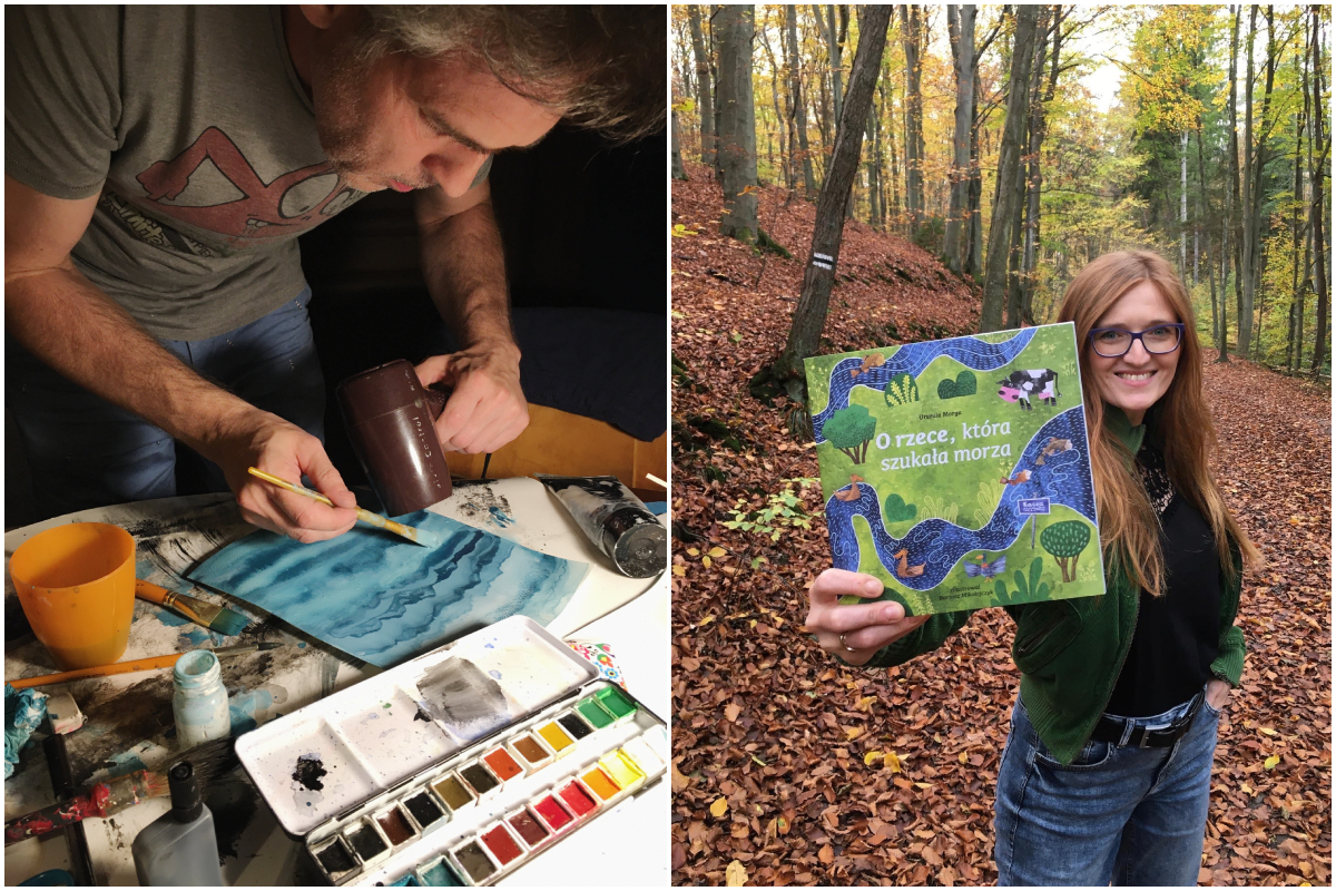 Bartosz Mikołajczyk przy pracy nad ilustracjami do książki, fot. urszula Morga / Urszula Morga z książką w lesie, fot. Bartosz Mikołajczyk