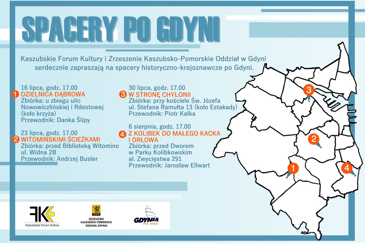 Grafika Kaszubskiego Centrum Kultury przedstawiająca terminy i miejsca spacer&oacute;w.