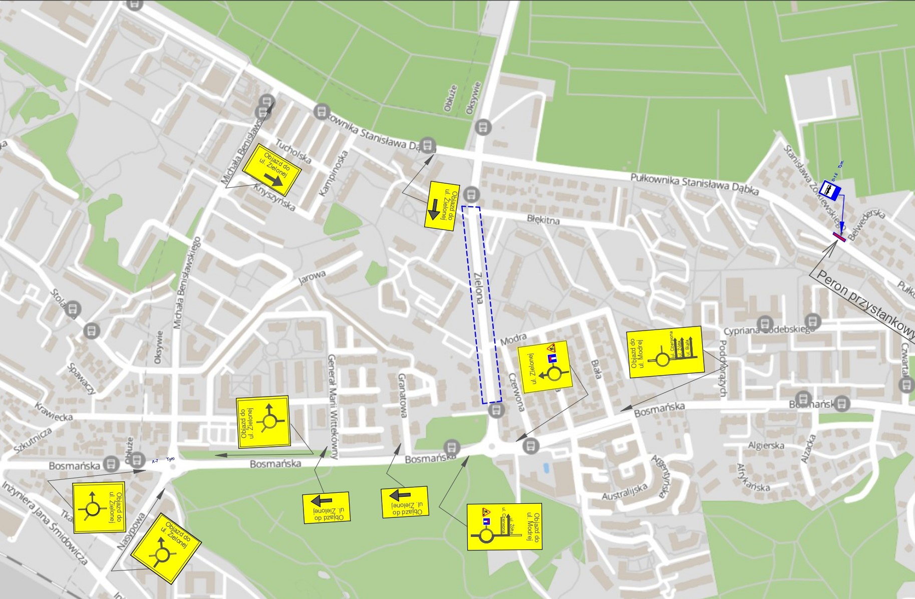 schemat oznakowania objazd&oacute;w w trakcie prac