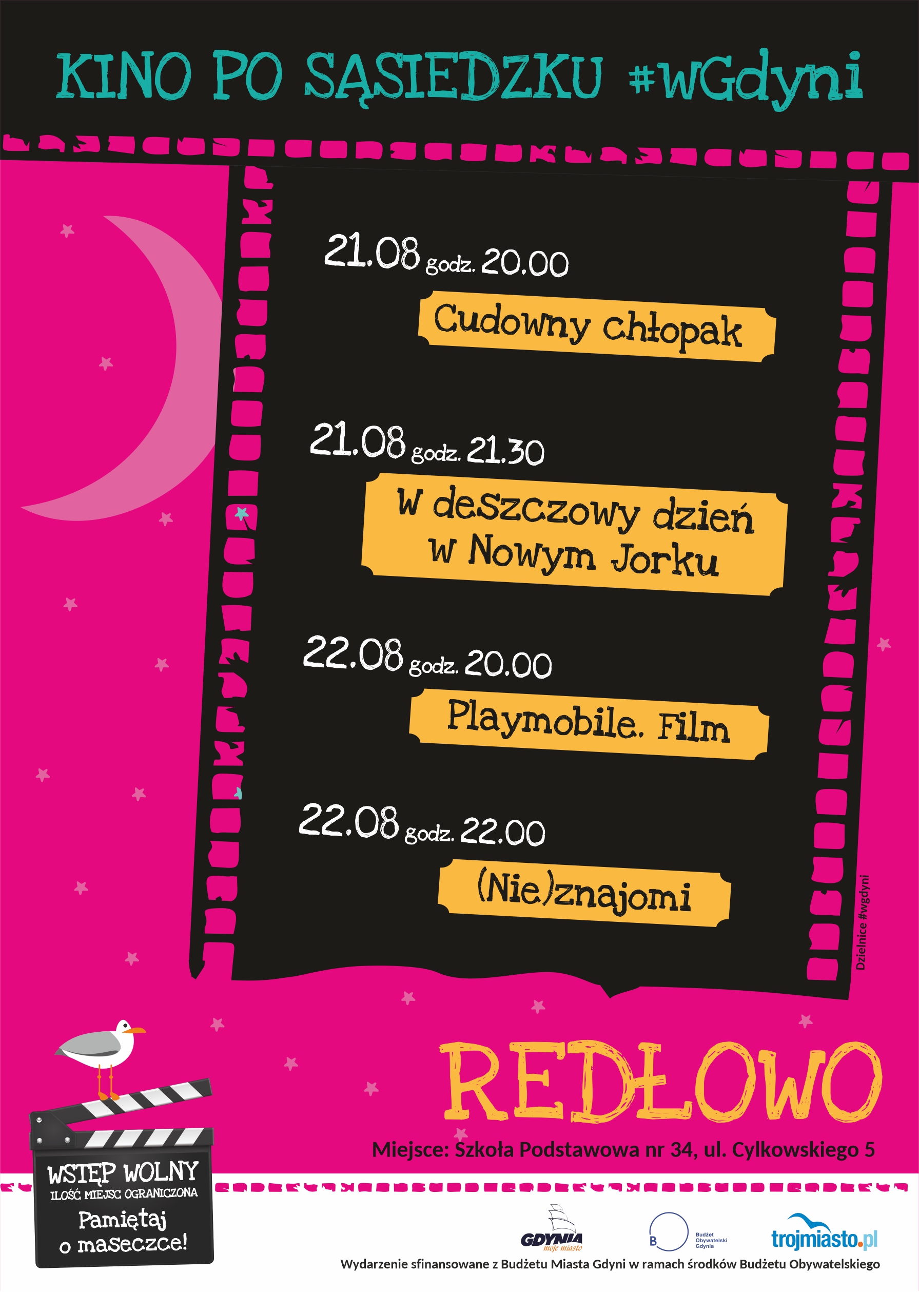 Plakat z repertuarem kina po sąsiedzku w Redłowie 22 i 23 sierpnia