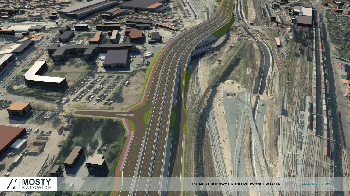 Tr&oacute;jwymiarowa wizualizacja, tereny przemysłowe w Gdyni, kilkupasmowa droga, logo Most&oacute;w Katowice