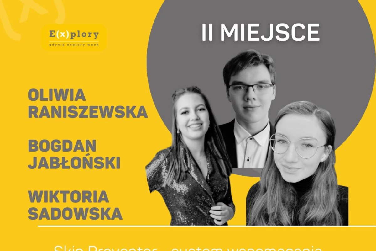 Grafika prezentująca laureat&oacute;w II miejsca w Konkursie Naukowym Explory - Oliwię Raniszewską, Bogdana Jabłońskiego i Wiktorię Sadowską // materiały Explory