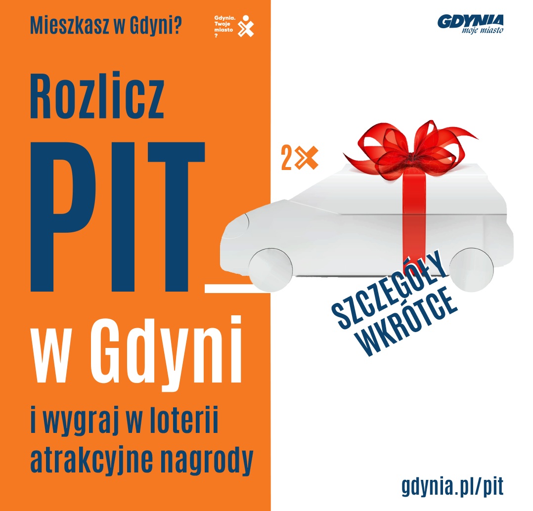 Pomarańczowo-białe tło, napis "Rozlicz PIT w Gdyni", biały samoch&oacute;d ze wstęgą