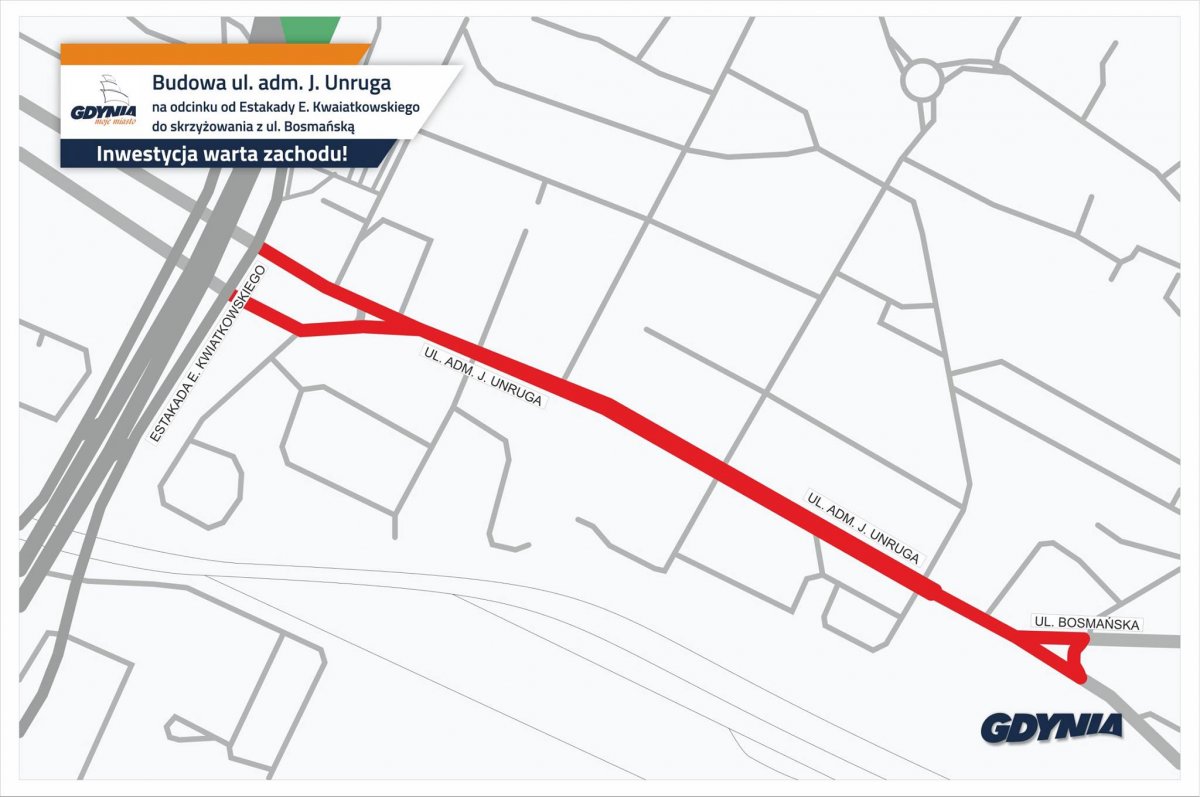 Mapa z zaznaczonym zakresem przebudowy ulicy Unruga na Obłużu
